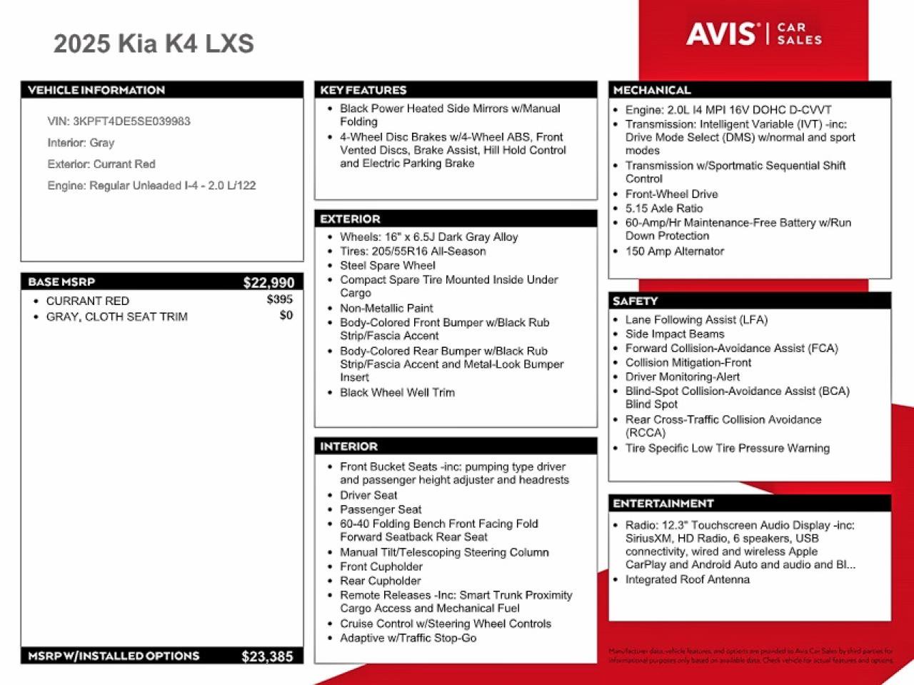 2025 Kia K4 Lxs Red vin: 3KPFT4DE5SE039983