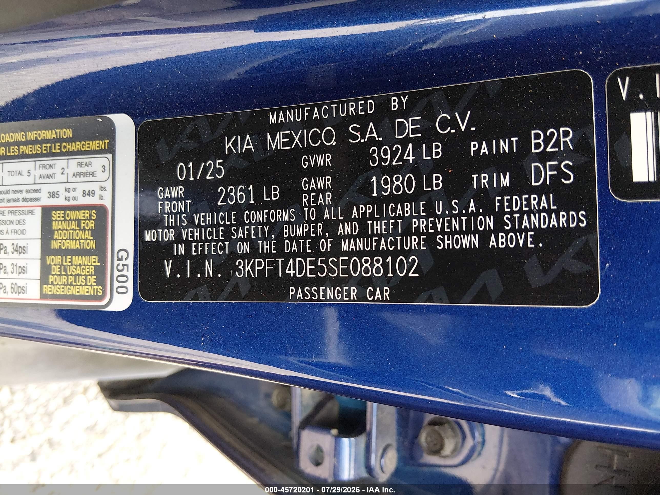 2025 Kia K4 Lxs Blue vin: 3KPFT4DE5SE088102