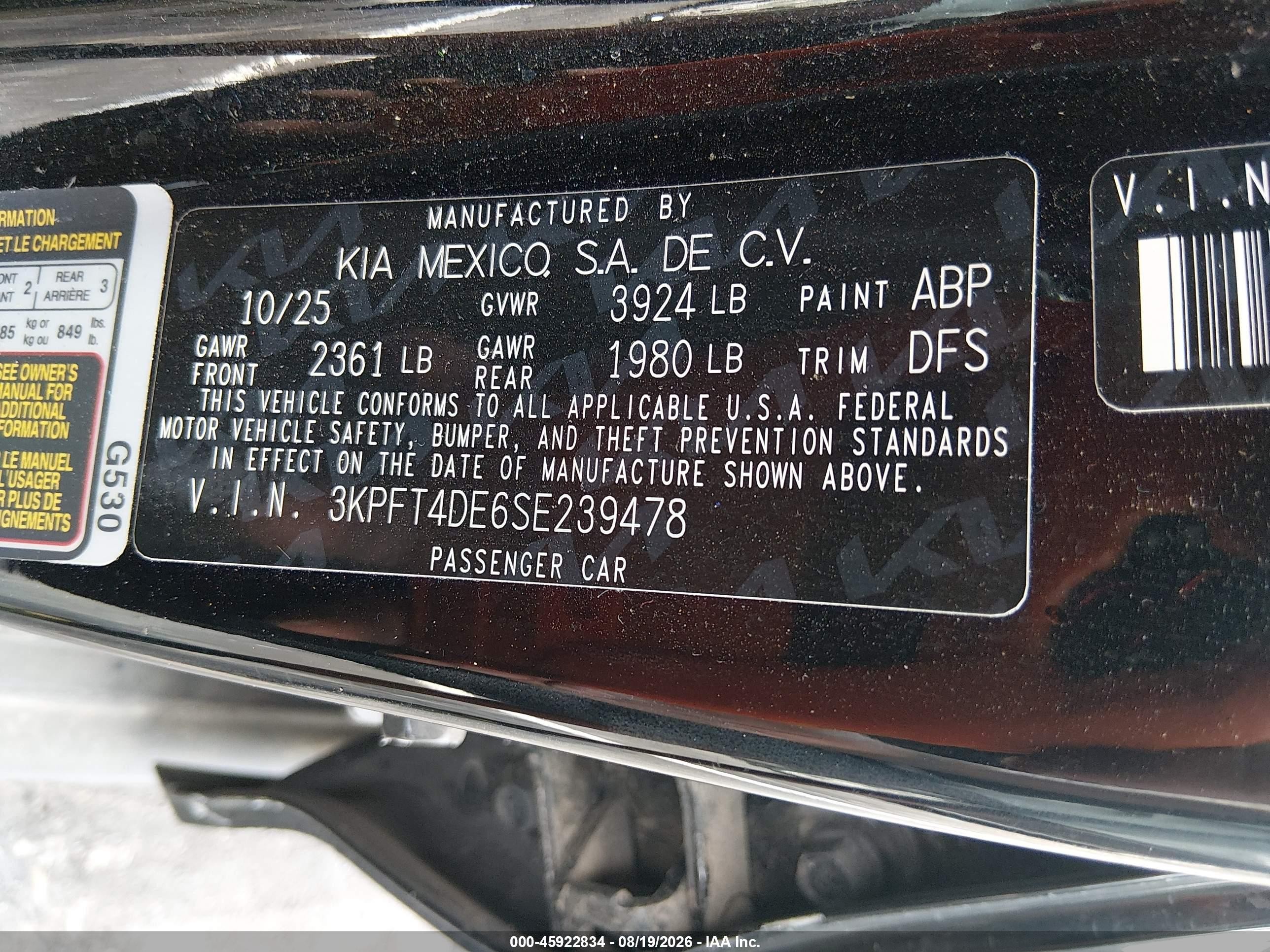 2025 Kia K4 Lx Black vin: 3KPFT4DE6SE239478