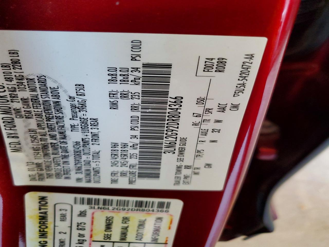 2013 Lincoln Mkz Red vin: 3LN6L2G92DR804366