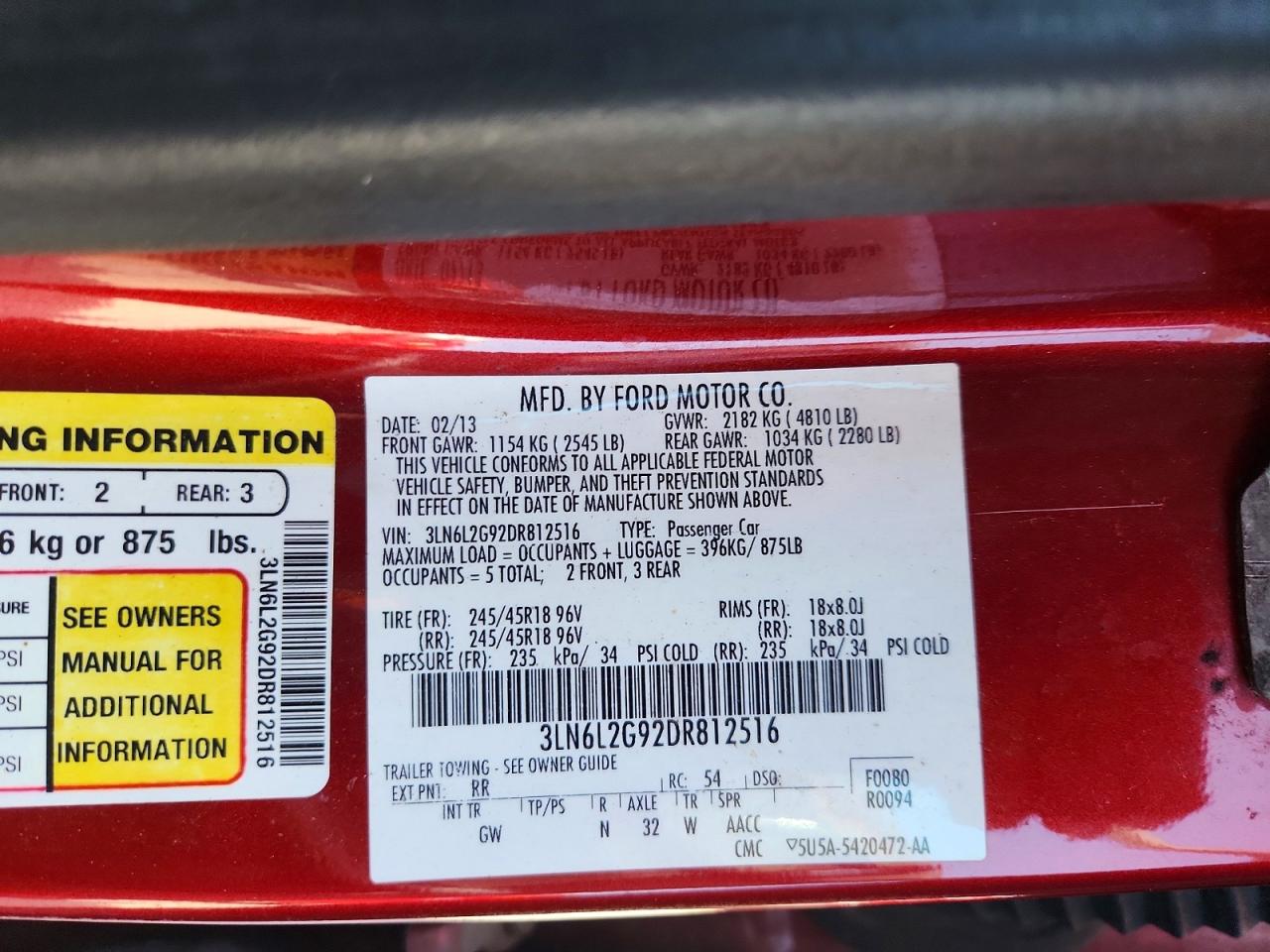 2013 Lincoln Mkz Red vin: 3LN6L2G92DR812516