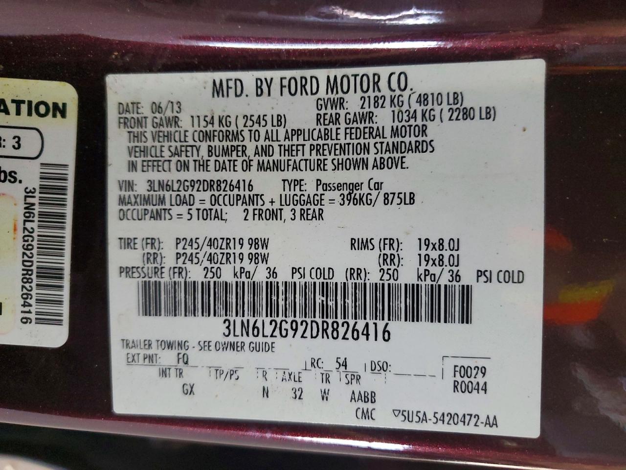 2013 Lincoln Mkz Burgundy vin: 3LN6L2G92DR826416