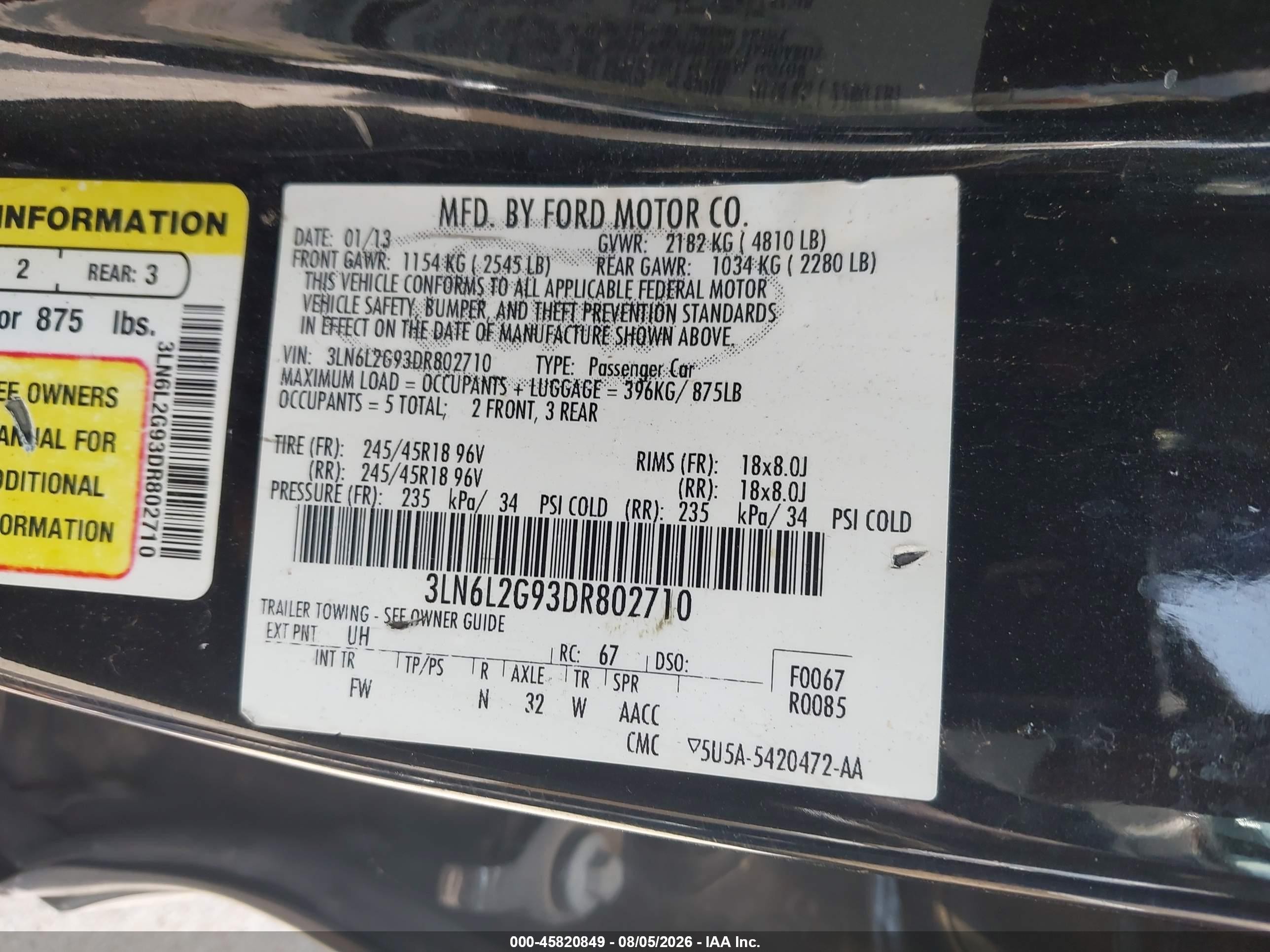 2013 Lincoln Mkz   Black vin: 3LN6L2G93DR802710