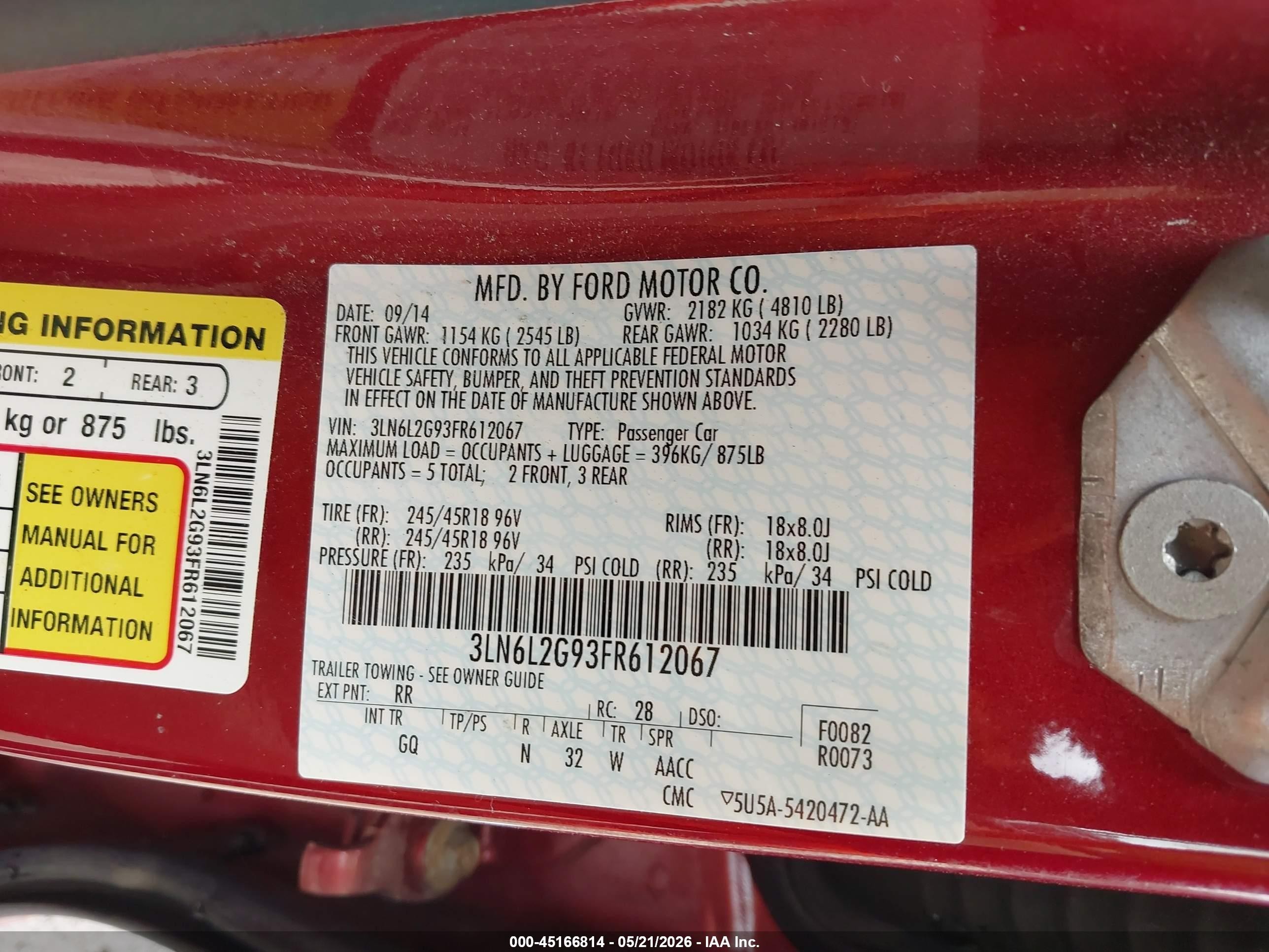 2015 Lincoln Mkz   Red vin: 3LN6L2G93FR612067