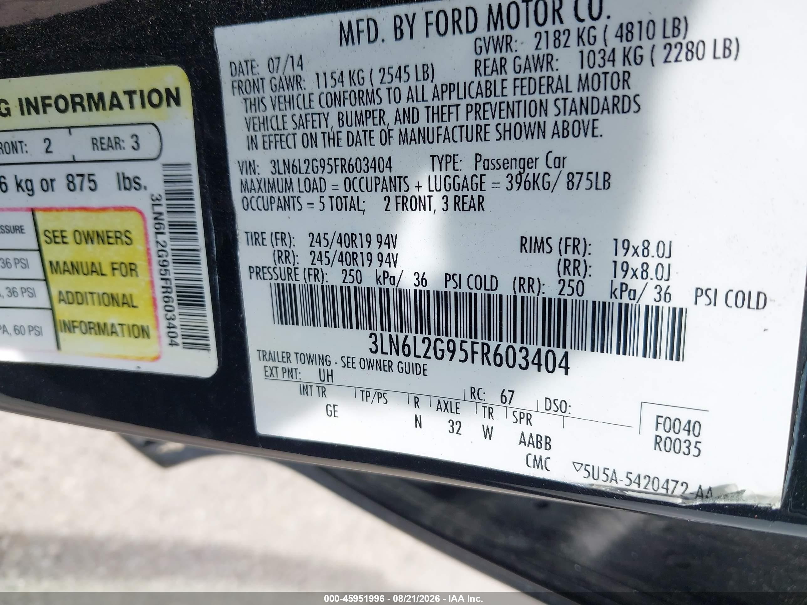 2015 Lincoln Mkz   Black vin: 3LN6L2G95FR603404