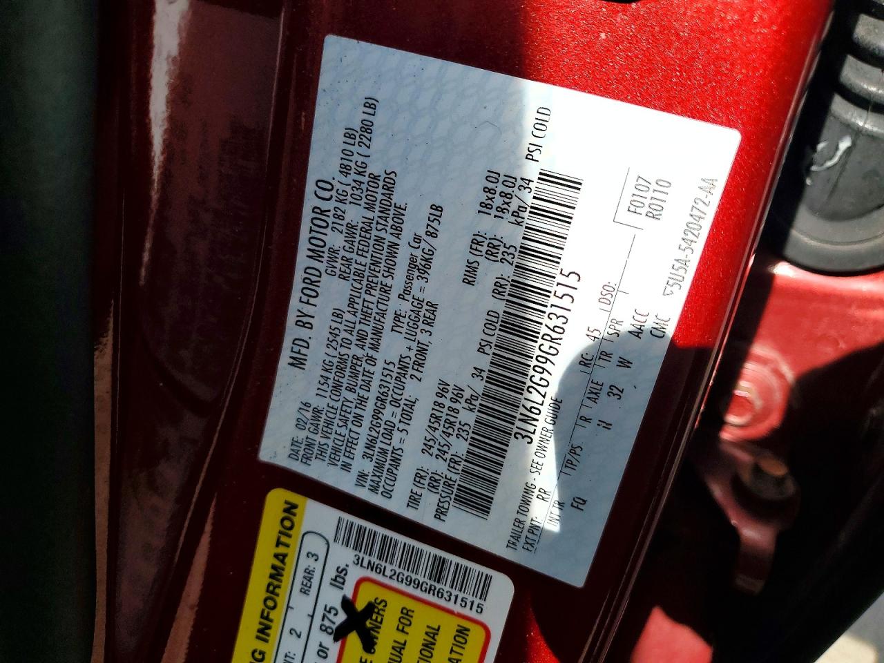 2016 Lincoln Mkz Red vin: 3LN6L2G99GR631515