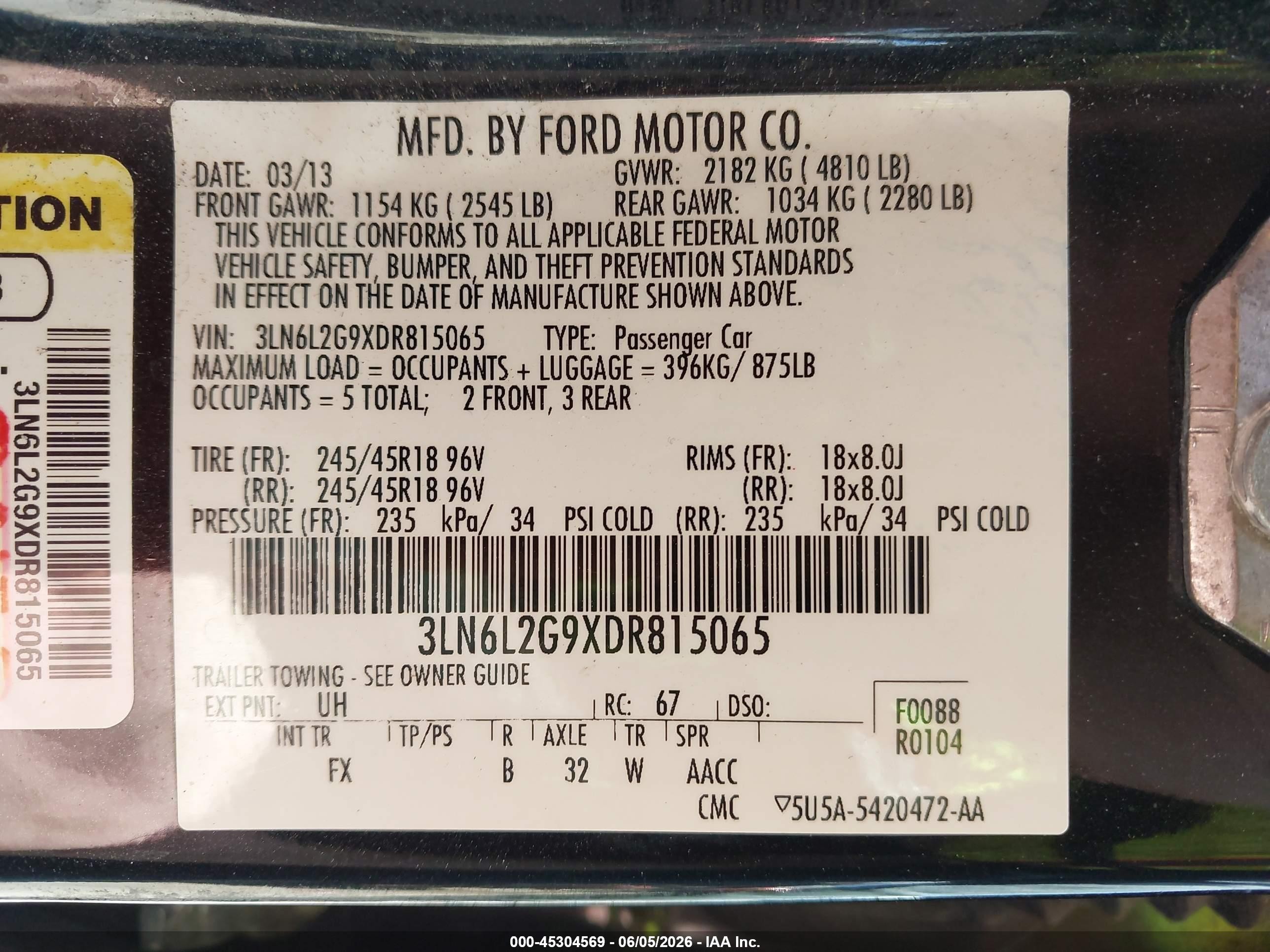 2013 Lincoln Mkz   Black vin: 3LN6L2G9XDR815065