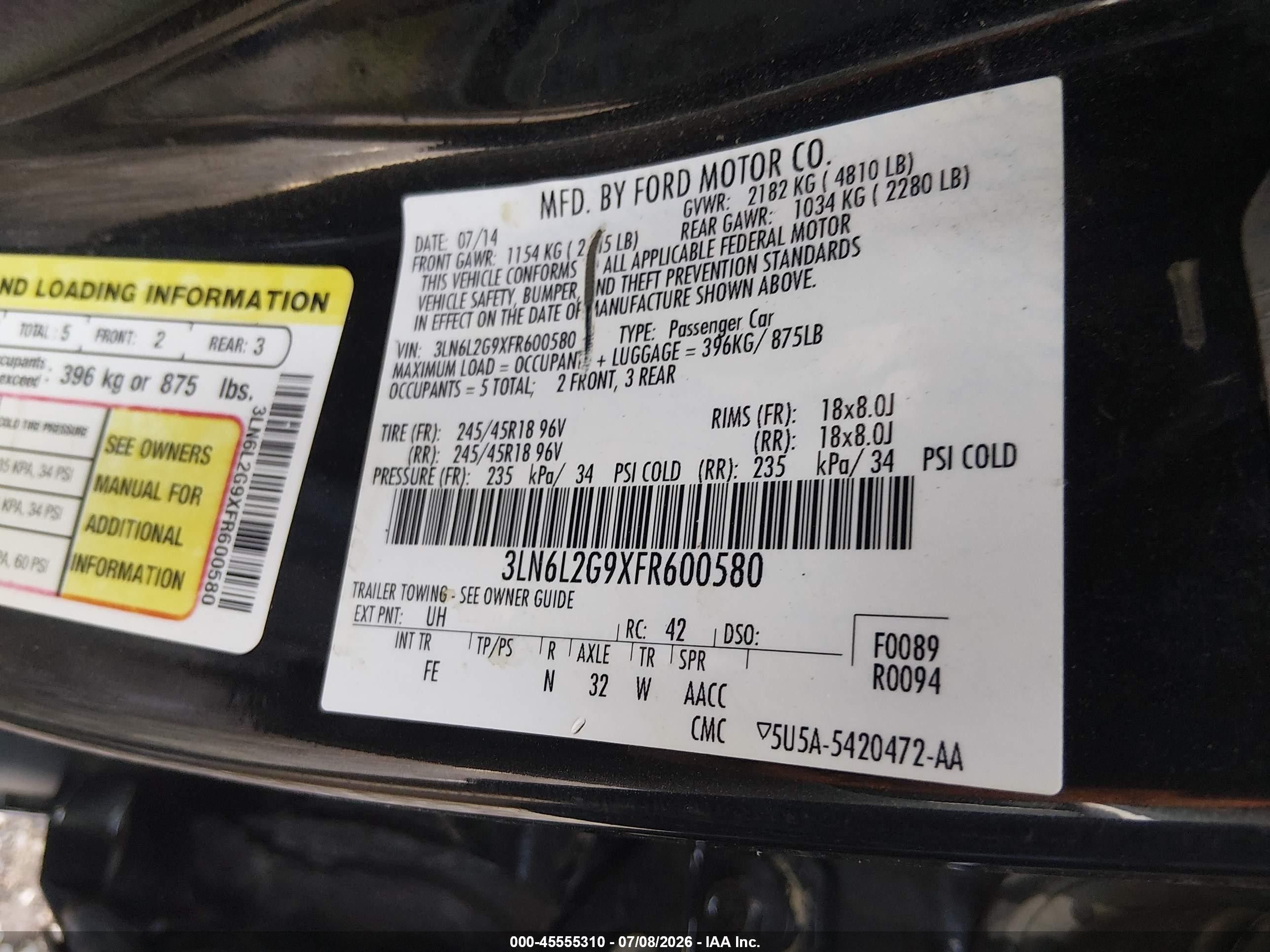 2015 Lincoln Mkz   Black vin: 3LN6L2G9XFR600580