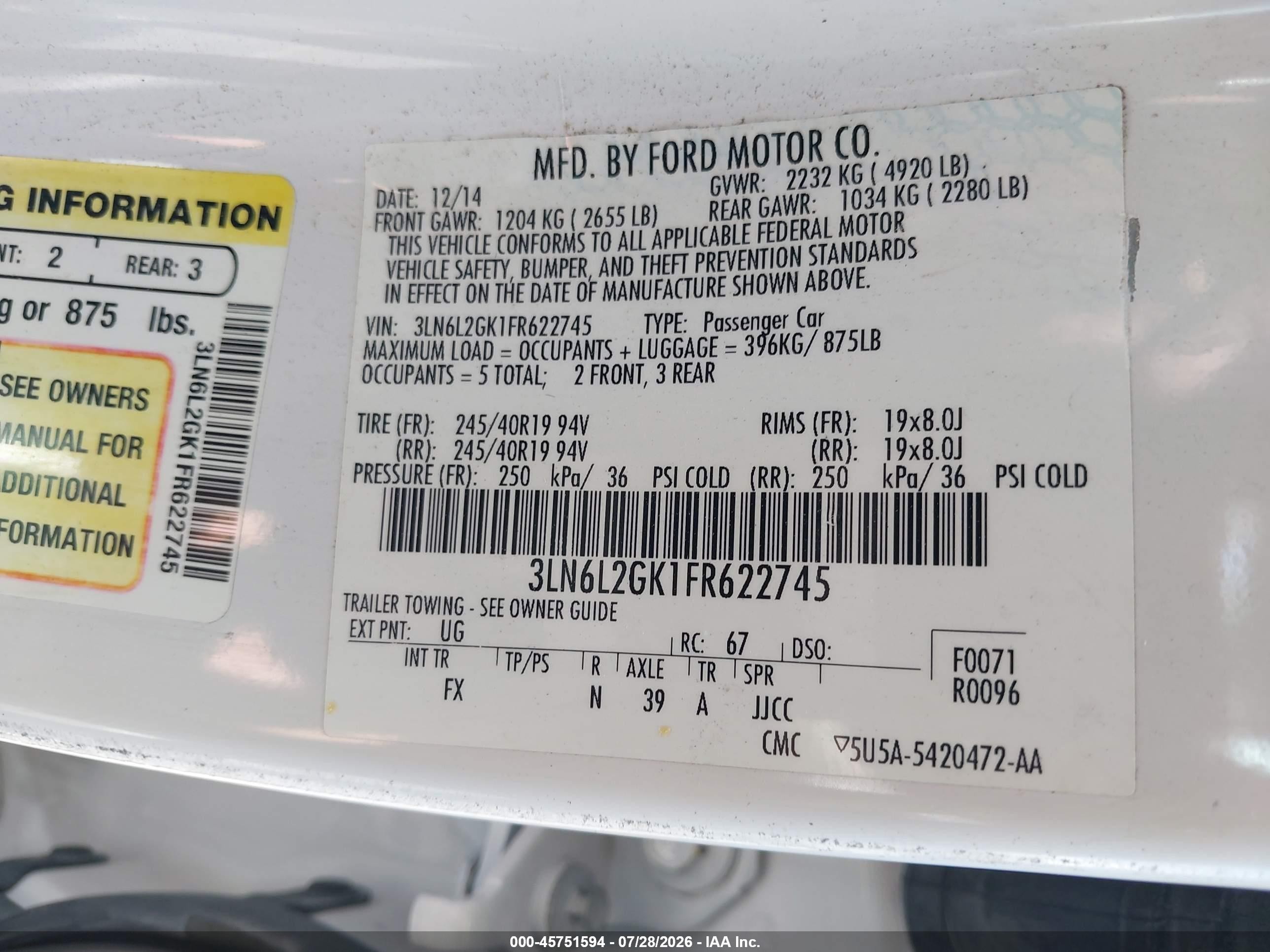 2015 Lincoln Mkz   White vin: 3LN6L2GK1FR622745