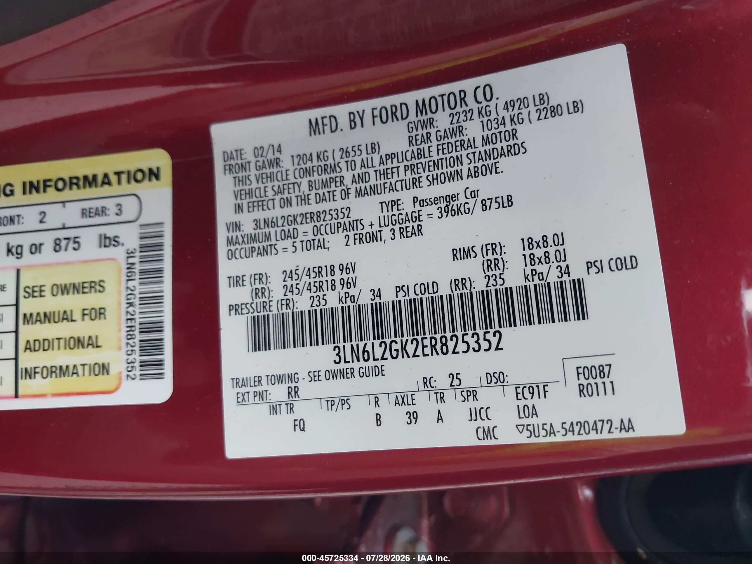 2014 Lincoln Mkz   Red vin: 3LN6L2GK2ER825352