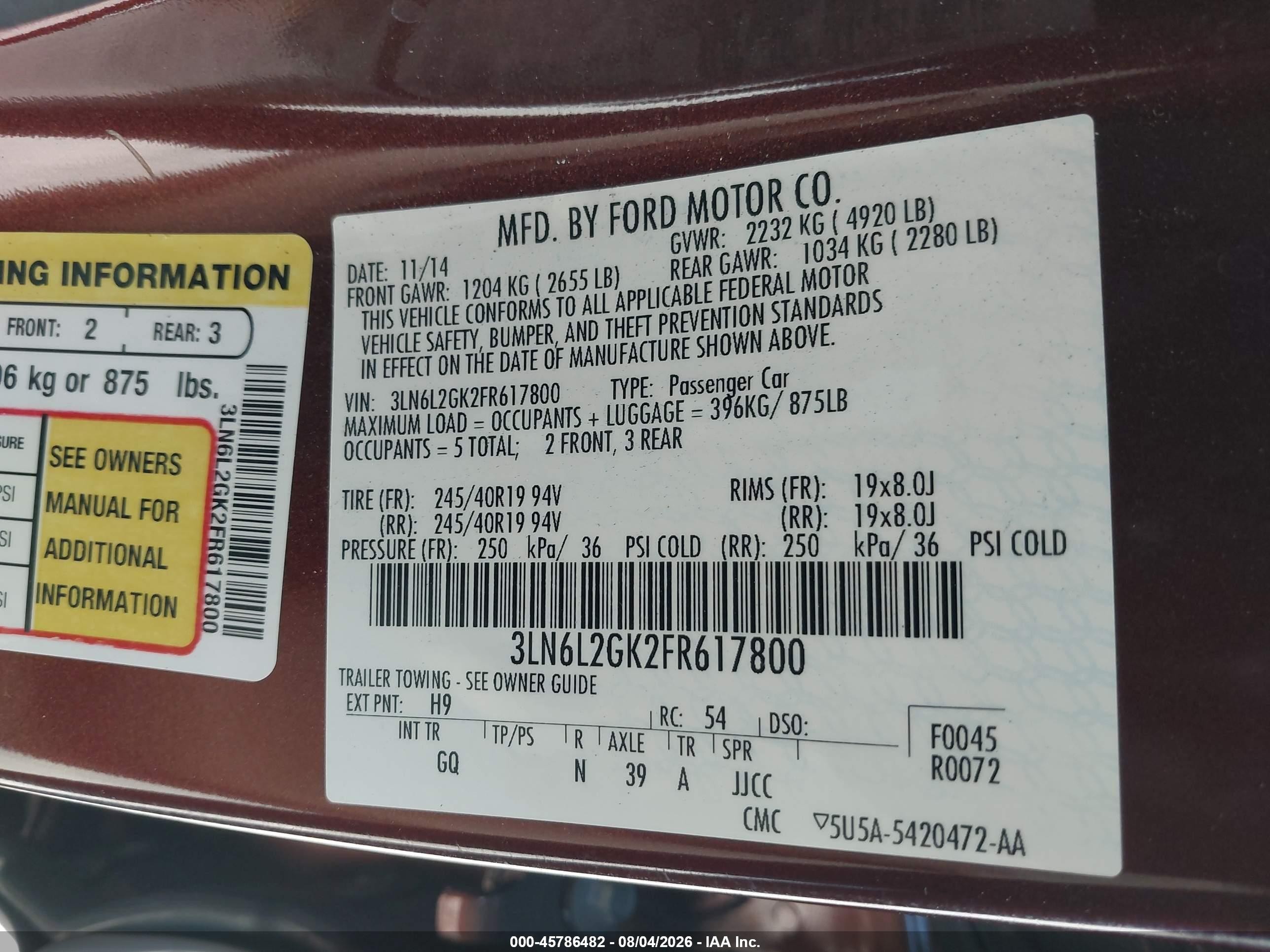 2015 Lincoln Mkz   Burgundy vin: 3LN6L2GK2FR617800