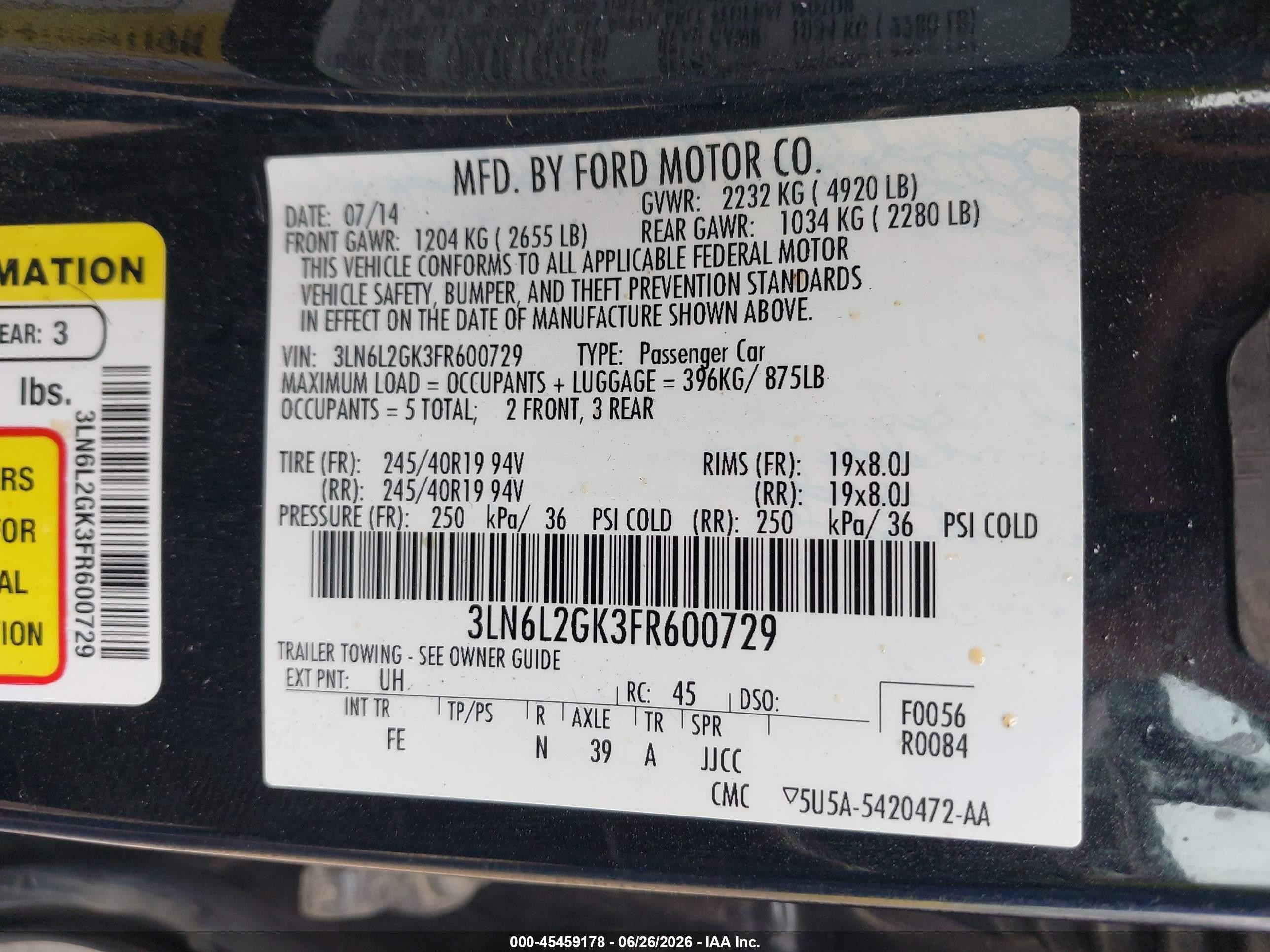 2015 Lincoln Mkz   Black vin: 3LN6L2GK3FR600729