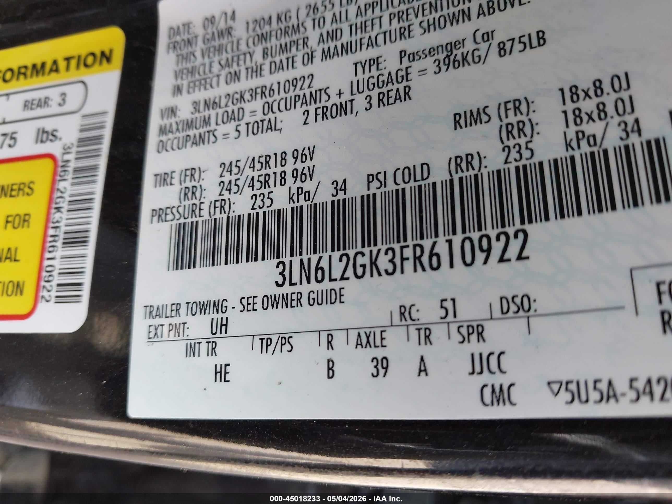 2015 Lincoln Mkz   Black vin: 3LN6L2GK3FR610922