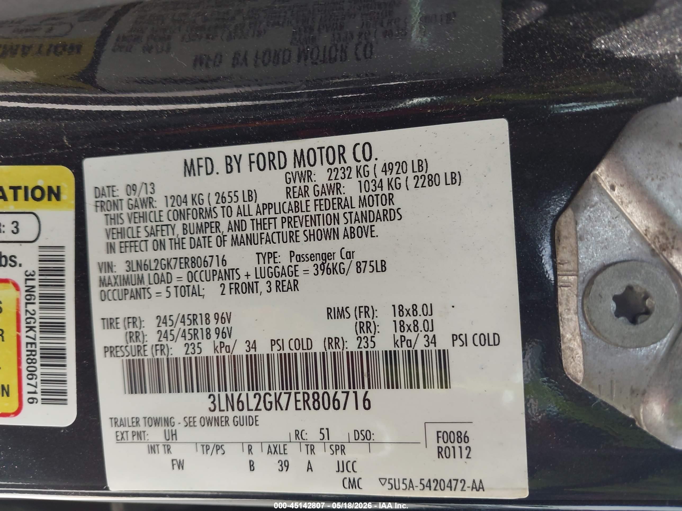 2014 Lincoln Mkz   Black vin: 3LN6L2GK7ER806716