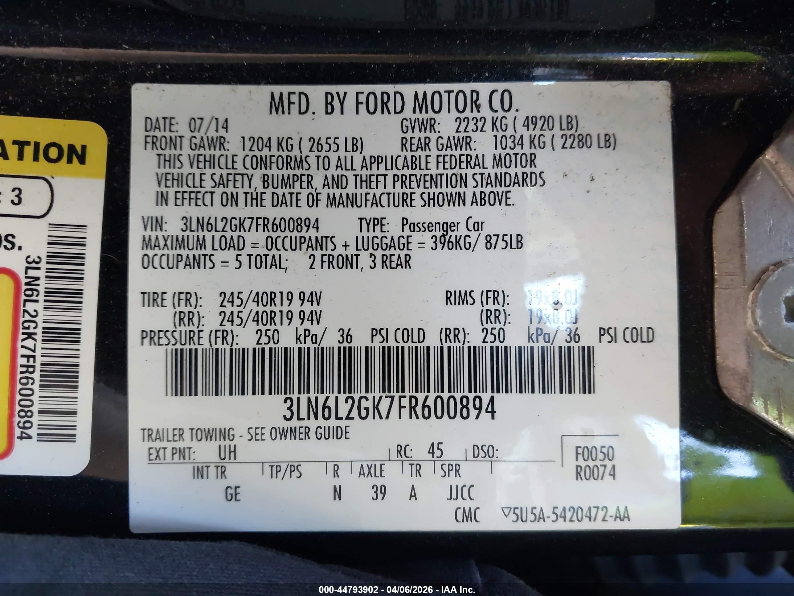 2015 Lincoln Mkz   Black vin: 3LN6L2GK7FR600894