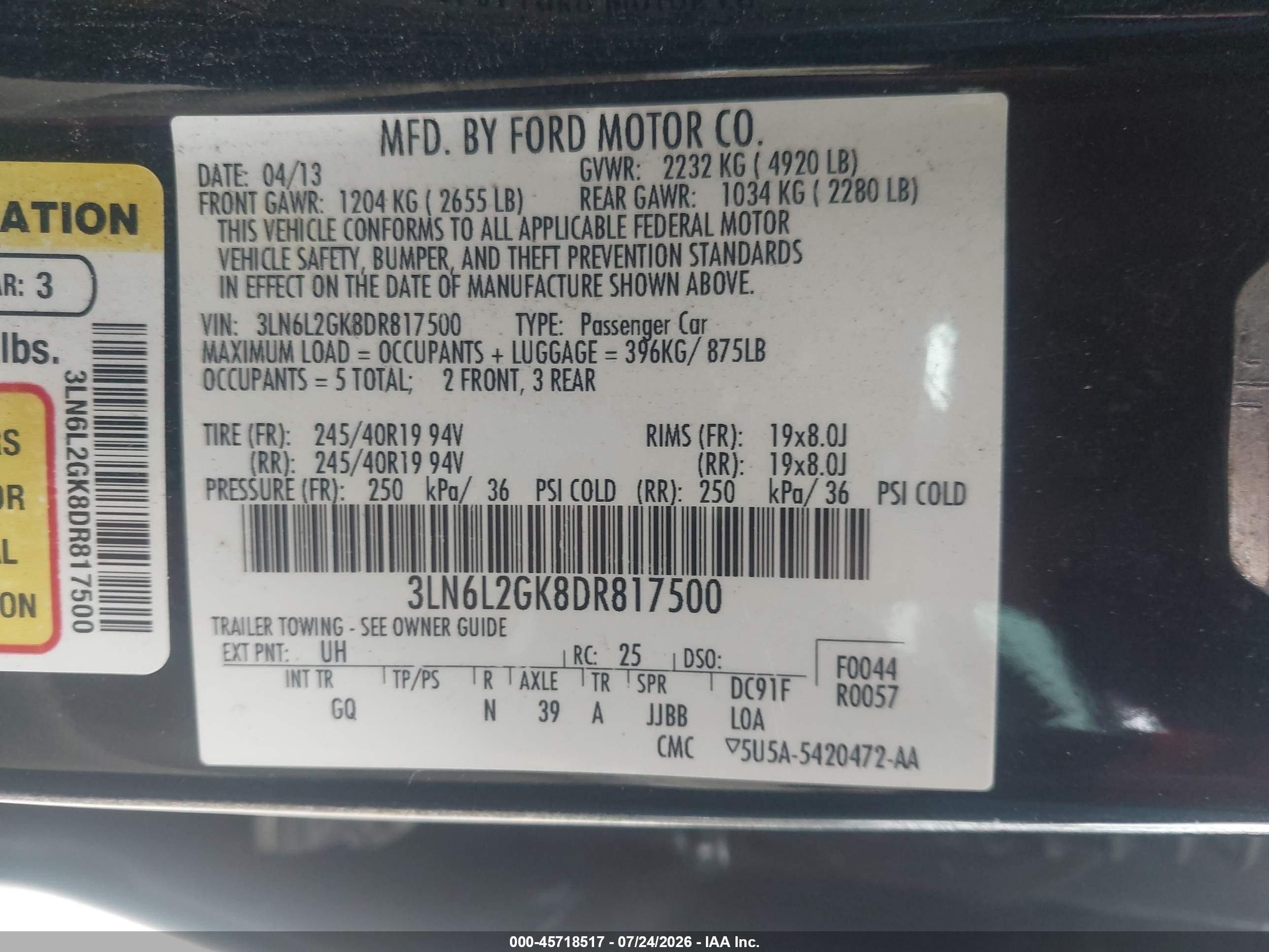2013 Lincoln Mkz Black vin: 3LN6L2GK8DR817500
