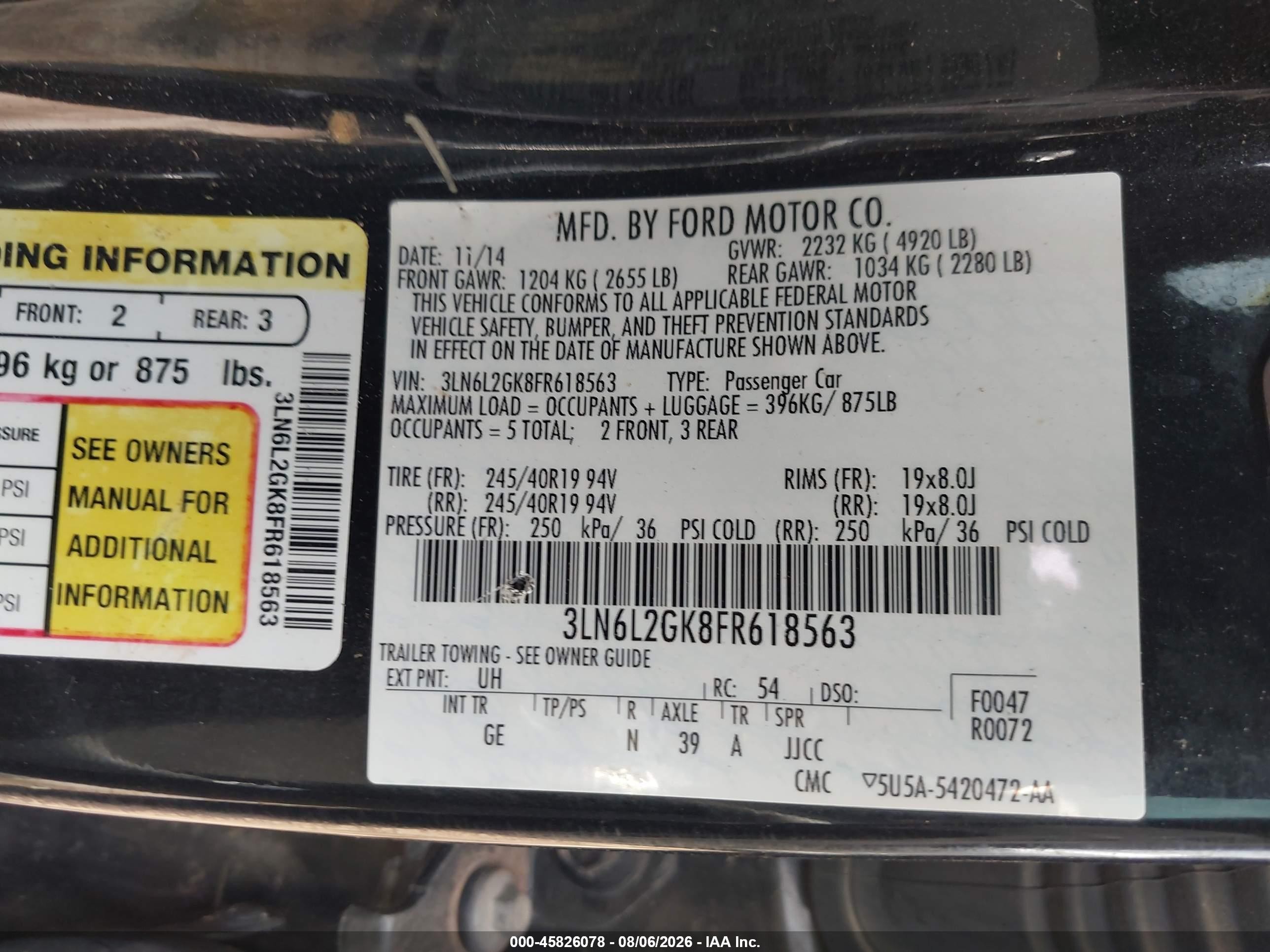 2015 Lincoln Mkz   Black vin: 3LN6L2GK8FR618563