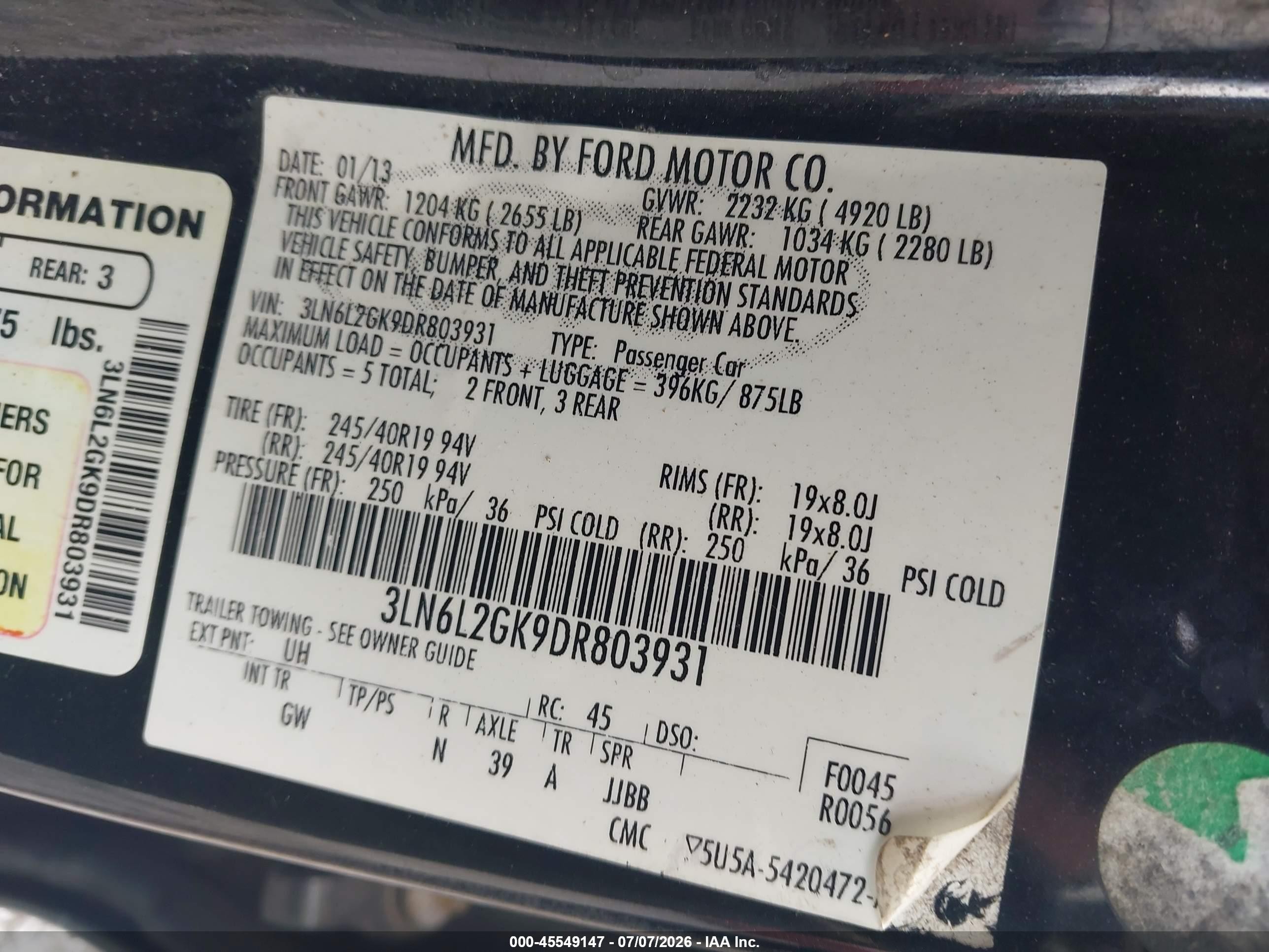 2013 Lincoln Mkz   Black vin: 3LN6L2GK9DR803931