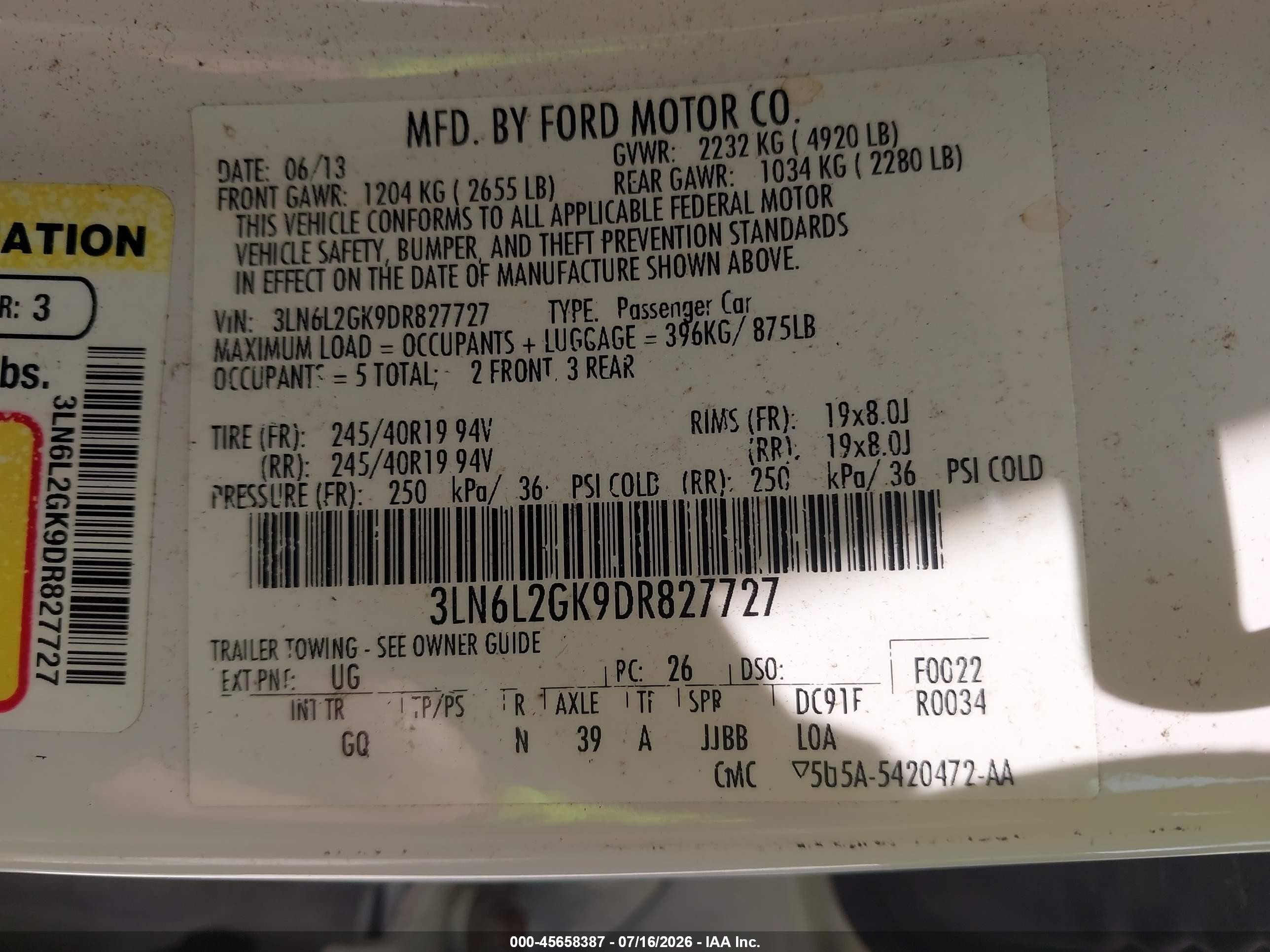 2013 Lincoln Mkz   White vin: 3LN6L2GK9DR827727