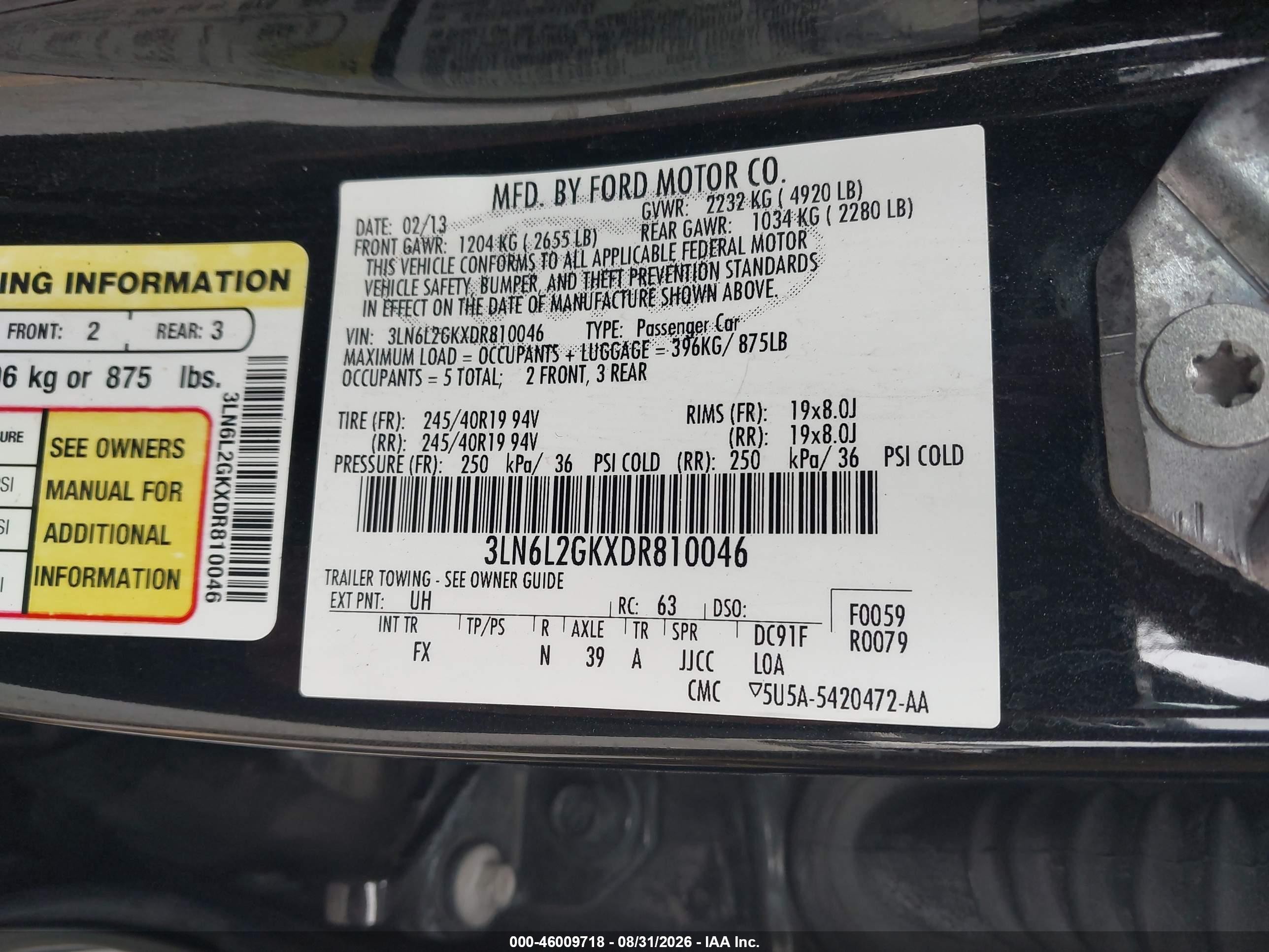 2013 Lincoln Mkz   Black vin: 3LN6L2GKXDR810046