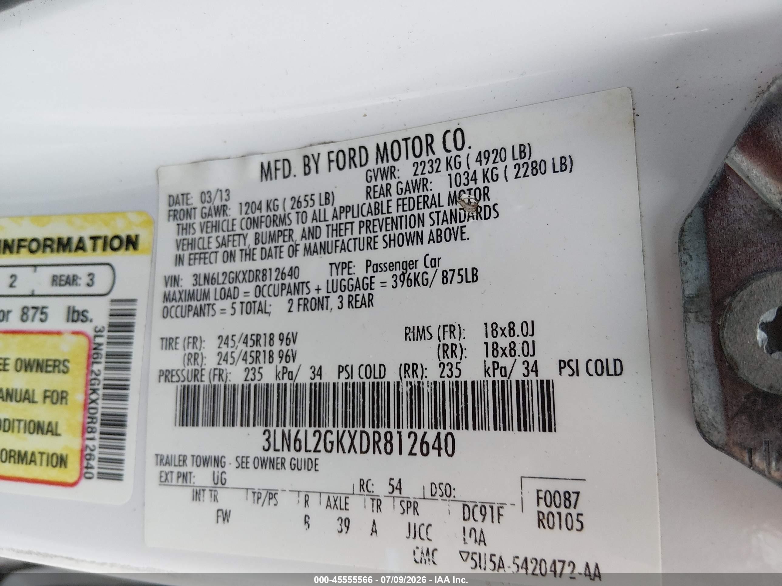 2013 Lincoln Mkz   White vin: 3LN6L2GKXDR812640