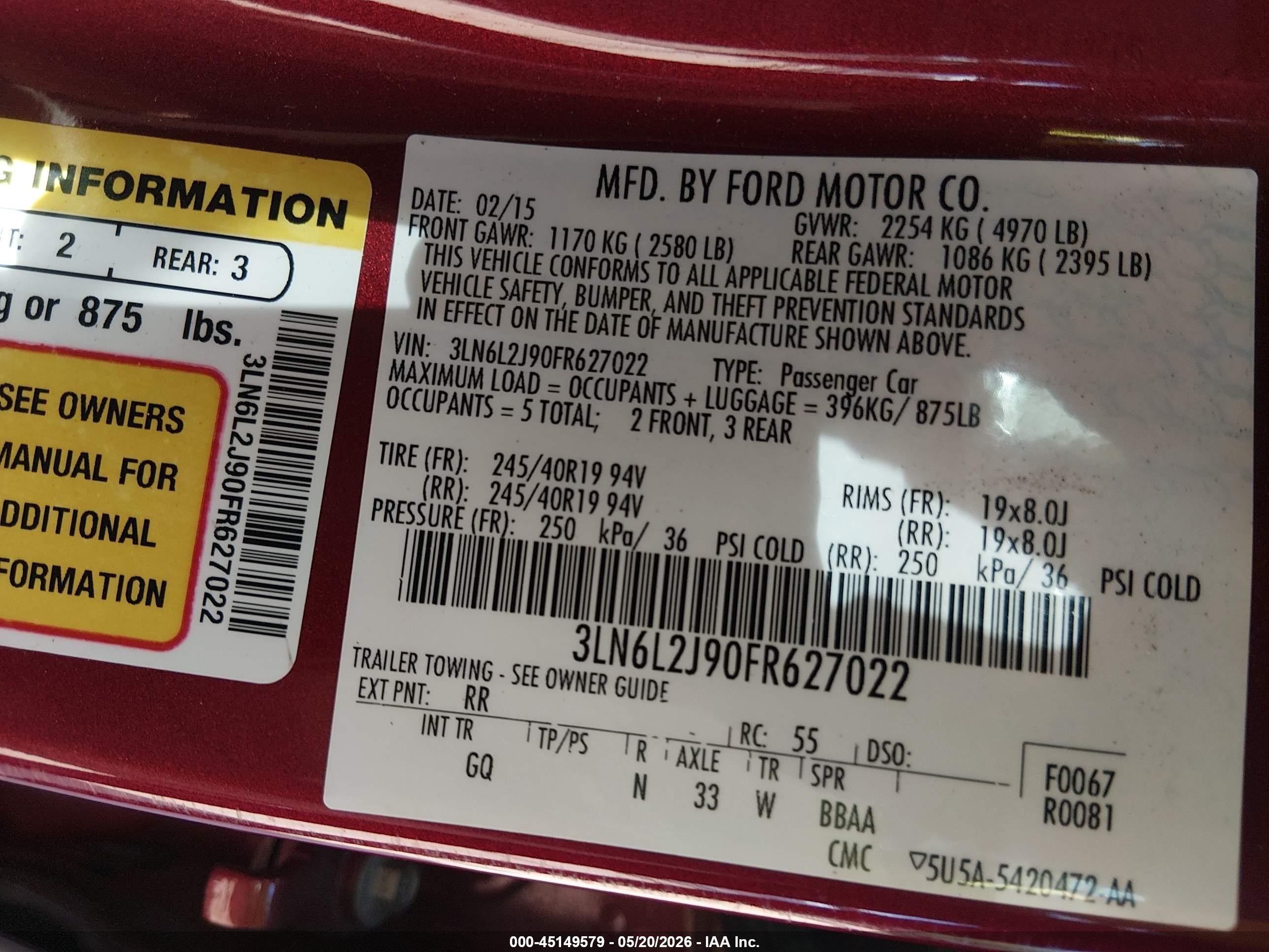 2015 Lincoln Mkz   Red vin: 3LN6L2J90FR627022
