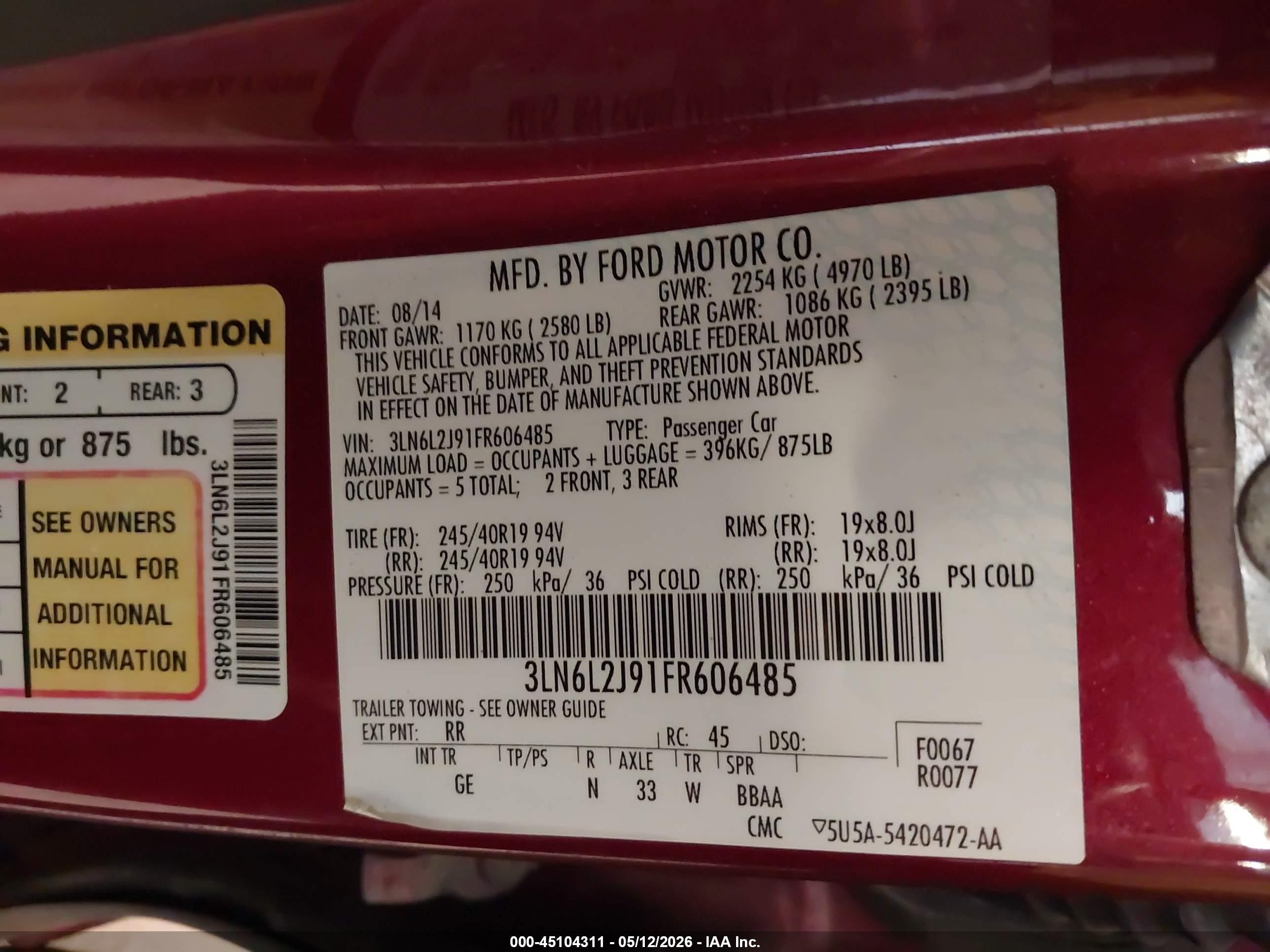 2015 Lincoln Mkz   Red vin: 3LN6L2J91FR606485