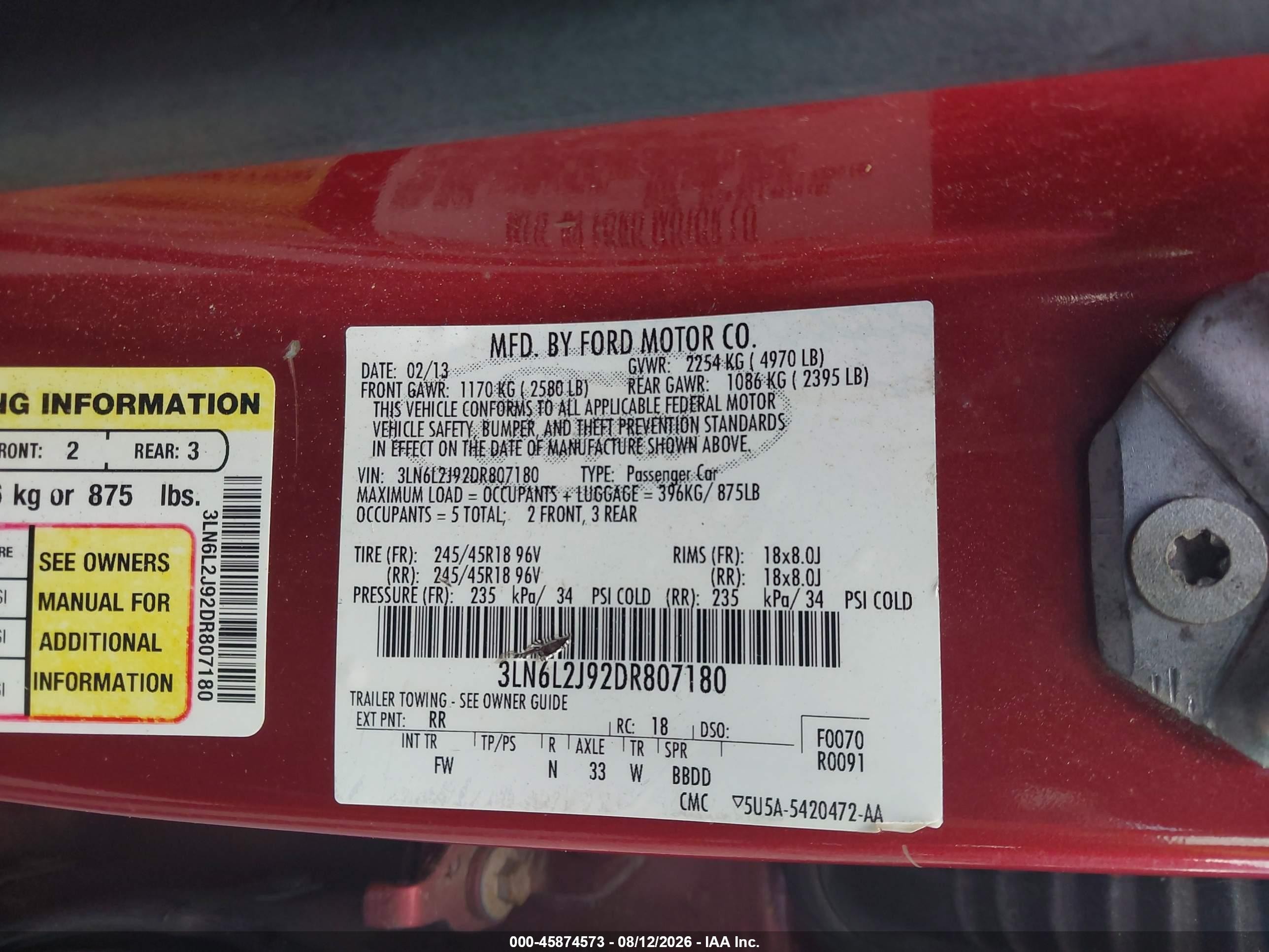 2013 Lincoln Mkz   Red vin: 3LN6L2J92DR807180