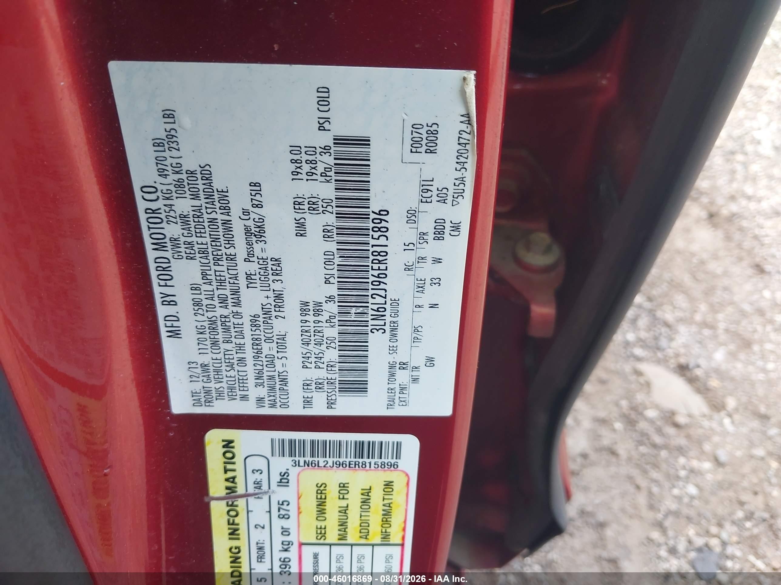 2014 Lincoln Mkz   Red vin: 3LN6L2J96ER815896