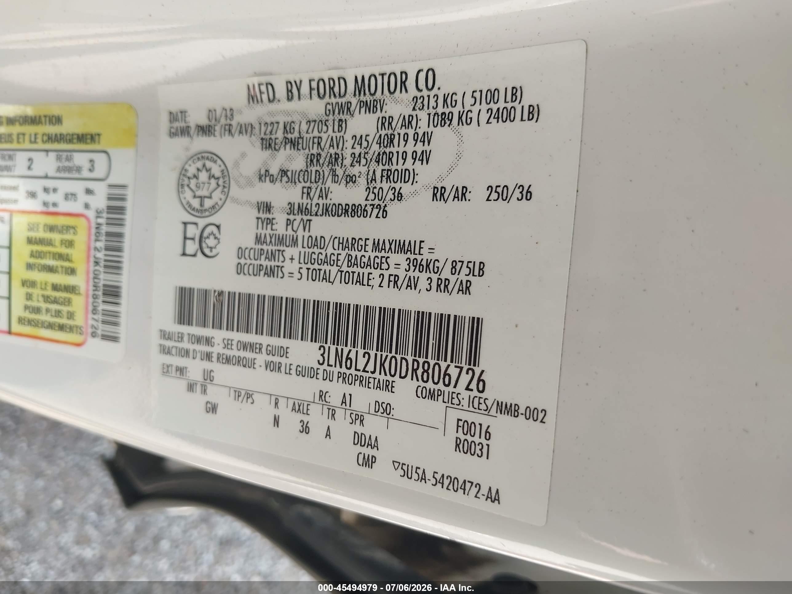 2013 Lincoln Mkz   White vin: 3LN6L2JK0DR806726
