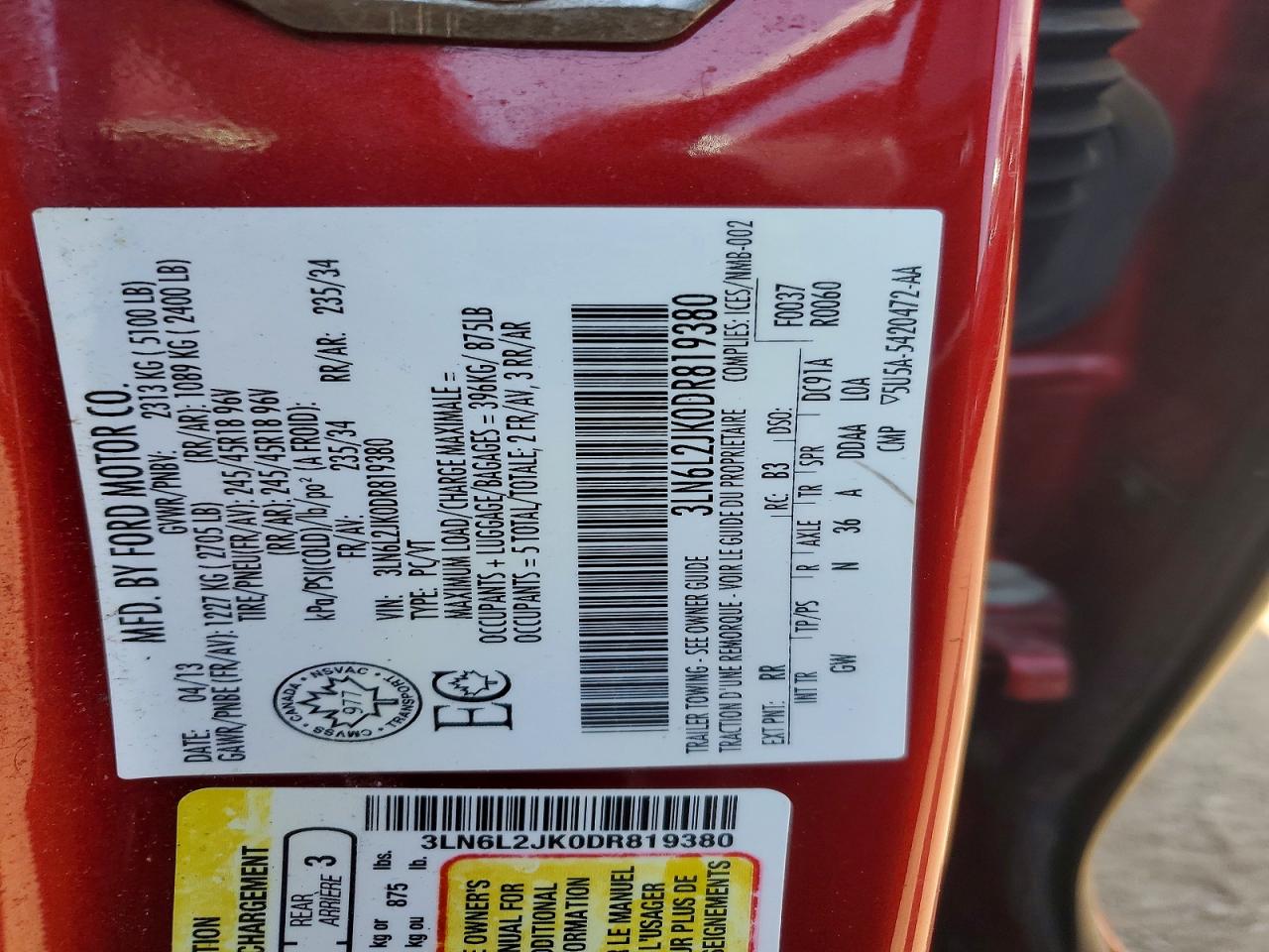 2013 Lincoln Mkz Red vin: 3LN6L2JK0DR819380