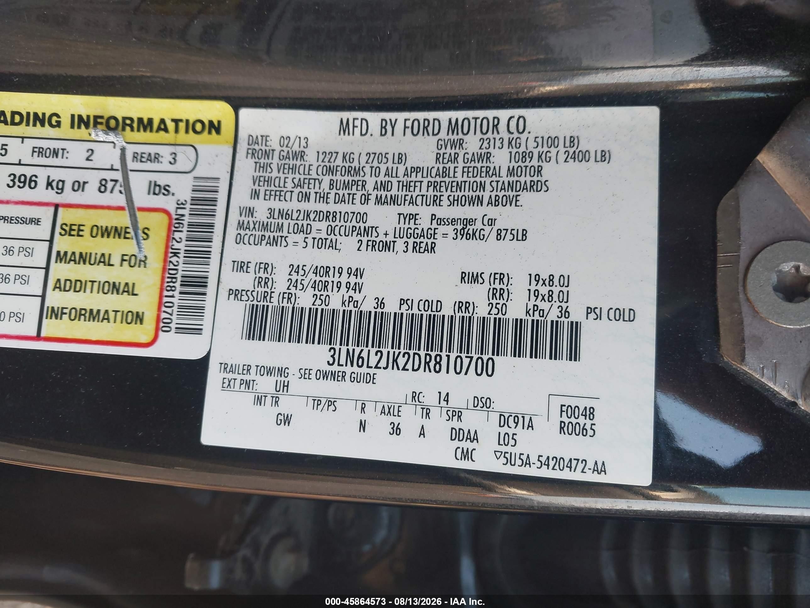 2013 Lincoln Mkz   Black vin: 3LN6L2JK2DR810700