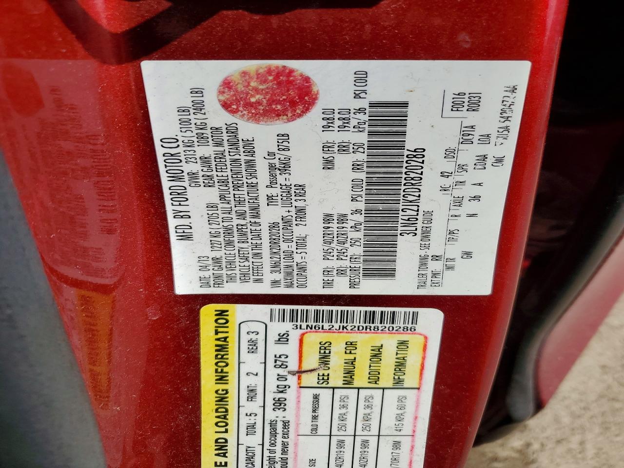 2013 Lincoln Mkz Red vin: 3LN6L2JK2DR820286