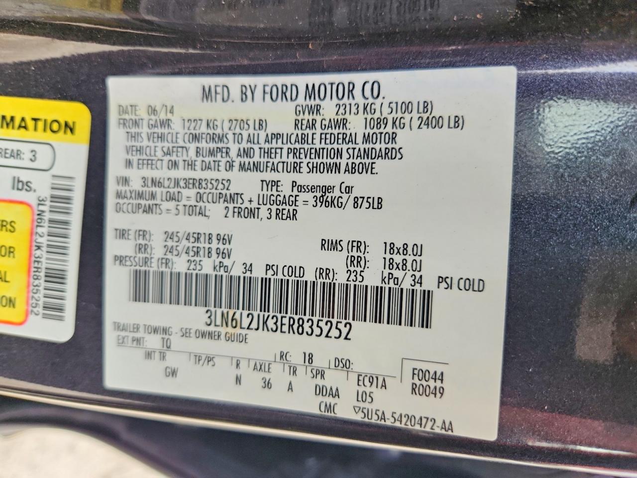 2014 Lincoln Mkz Charcoal vin: 3LN6L2JK3ER835252