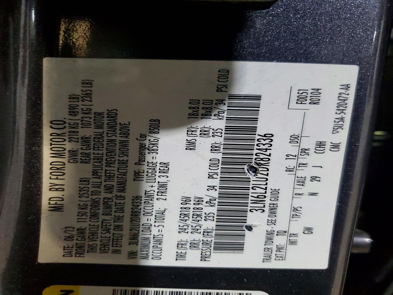 2013 Lincoln Mkz Hybrid Charcoal vin: 3LN6L2LU2DR824336