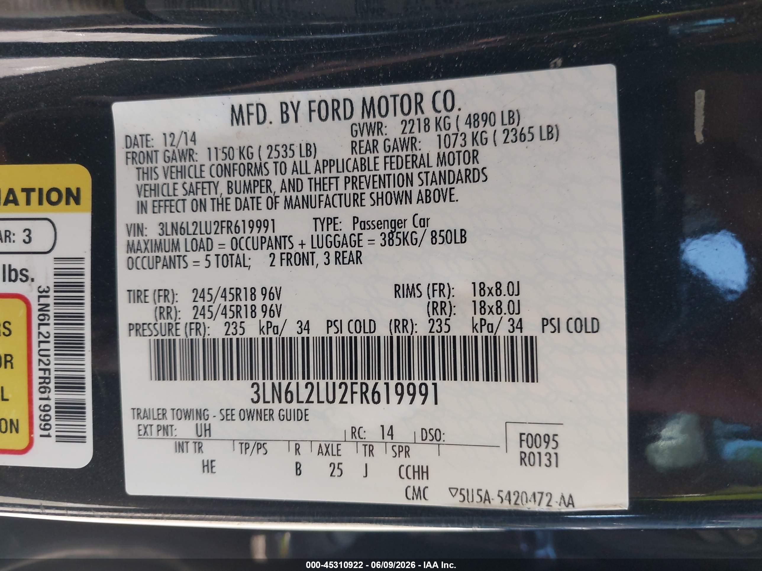 2015 Lincoln Mkz Hybrid   Black vin: 3LN6L2LU2FR619991