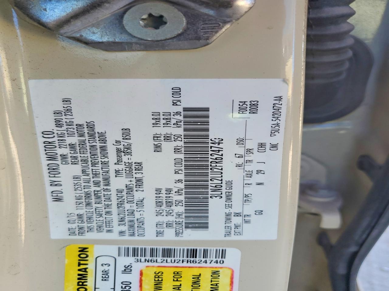 2015 Lincoln Mkz Hybrid Beige vin: 3LN6L2LU2FR624740