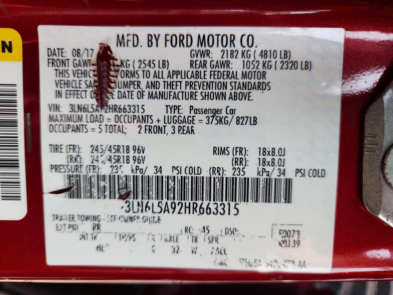 2017 Lincoln Mkz Premiere Red vin: 3LN6L5A92HR663315