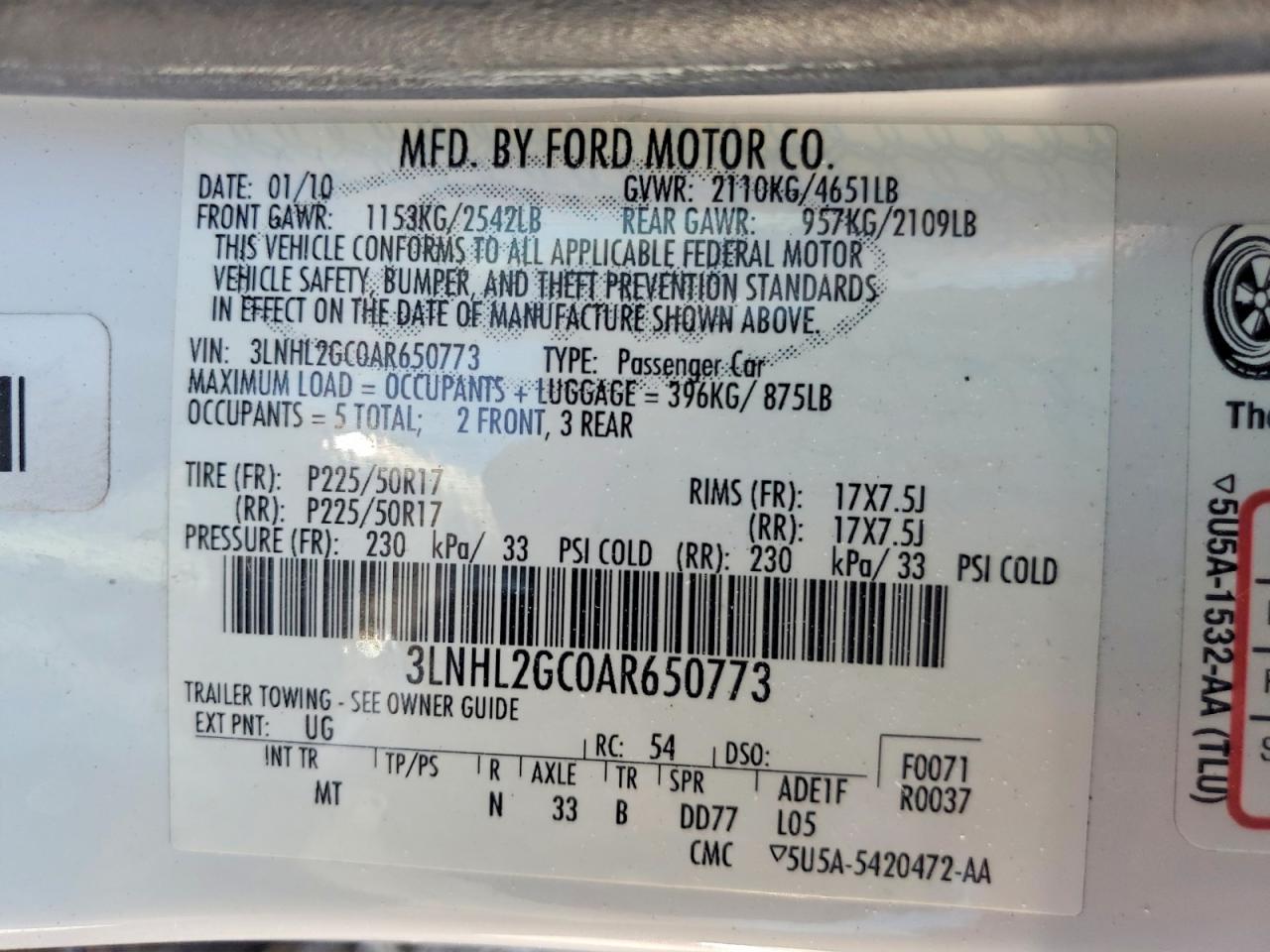 2010 Lincoln Mkz White vin: 3LNHL2GC0AR650773