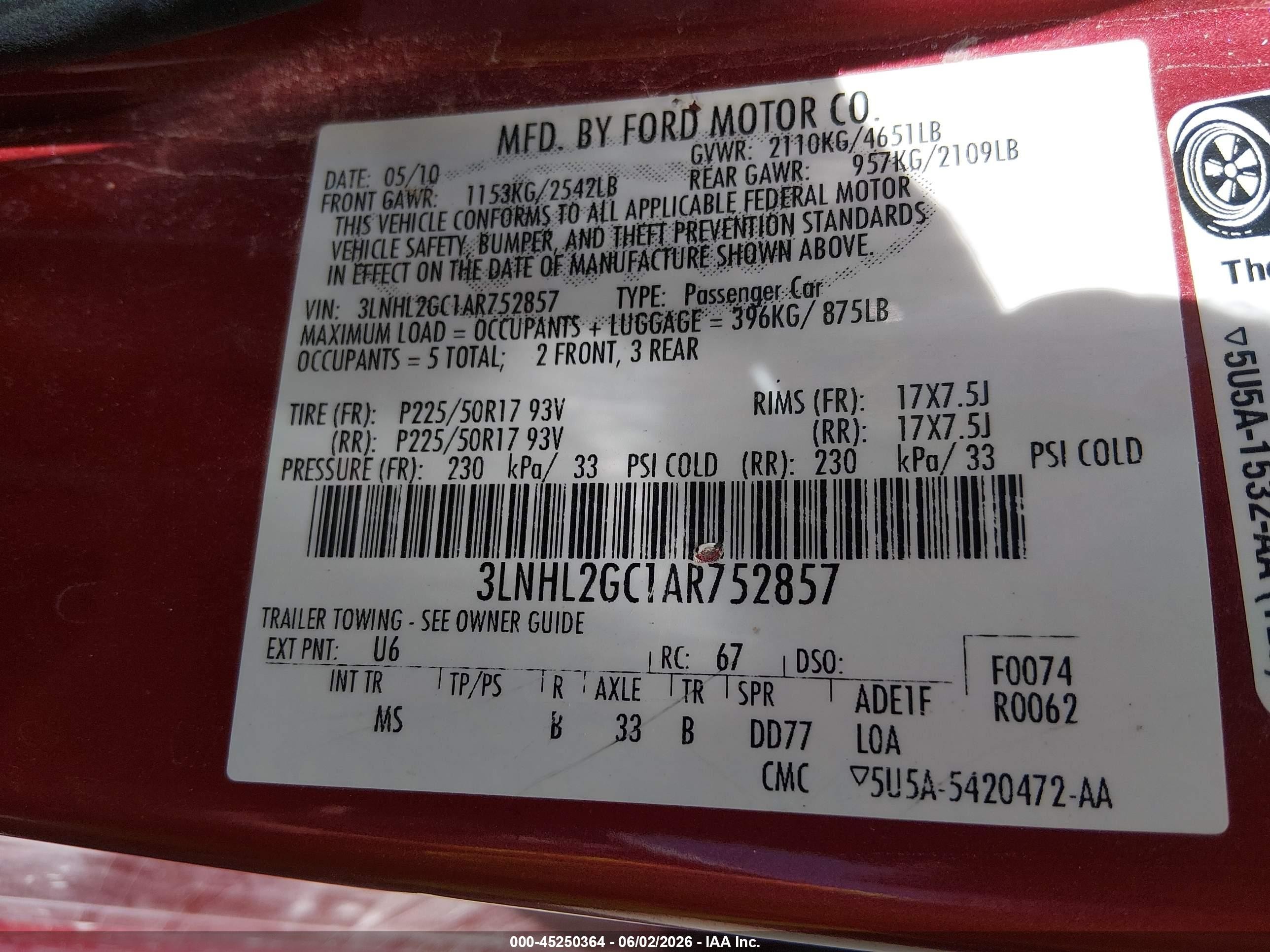 2010 Lincoln Mkz   Red vin: 3LNHL2GC1AR752857