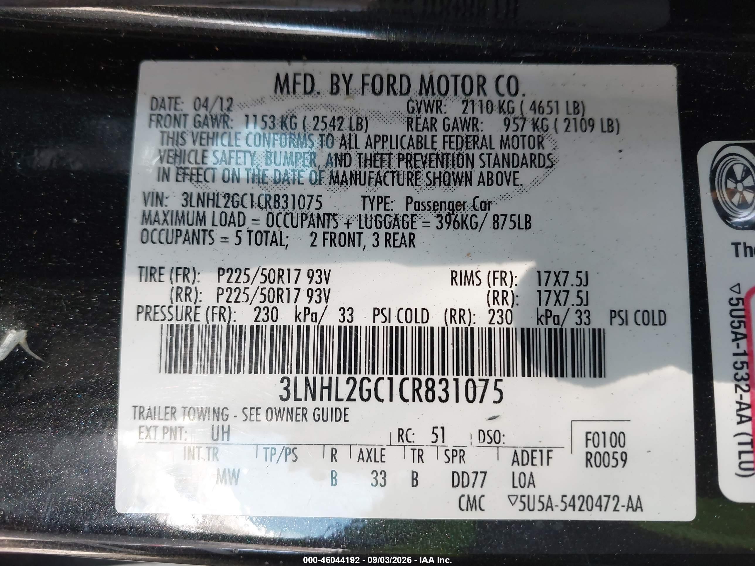 2012 Lincoln Mkz   Black vin: 3LNHL2GC1CR831075