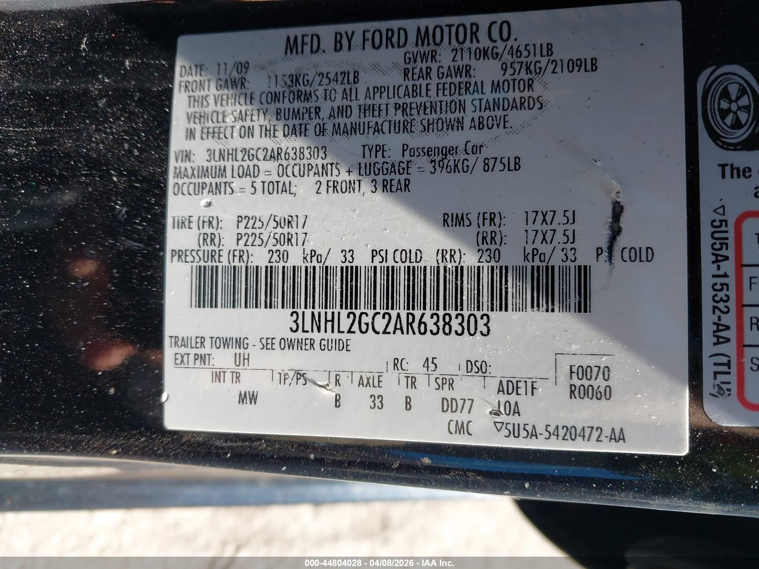 2010 Lincoln Mkz   Black vin: 3LNHL2GC2AR638303