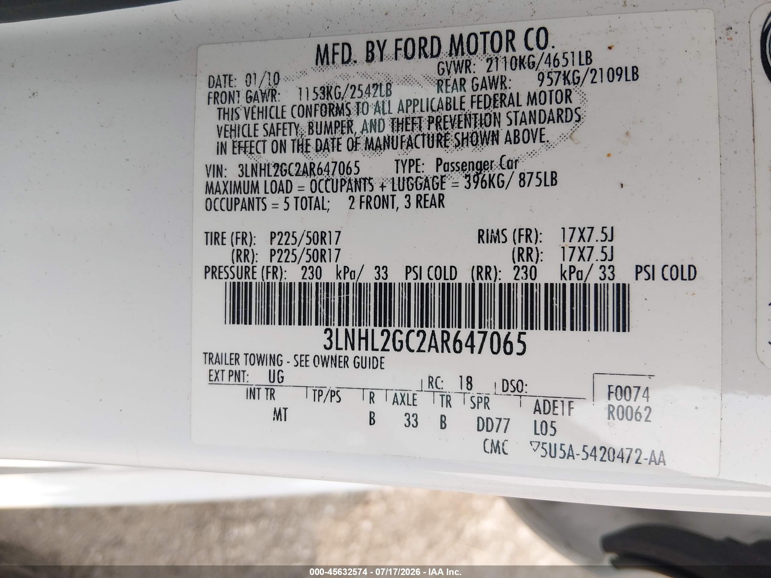 2010 Lincoln Mkz   White vin: 3LNHL2GC2AR647065