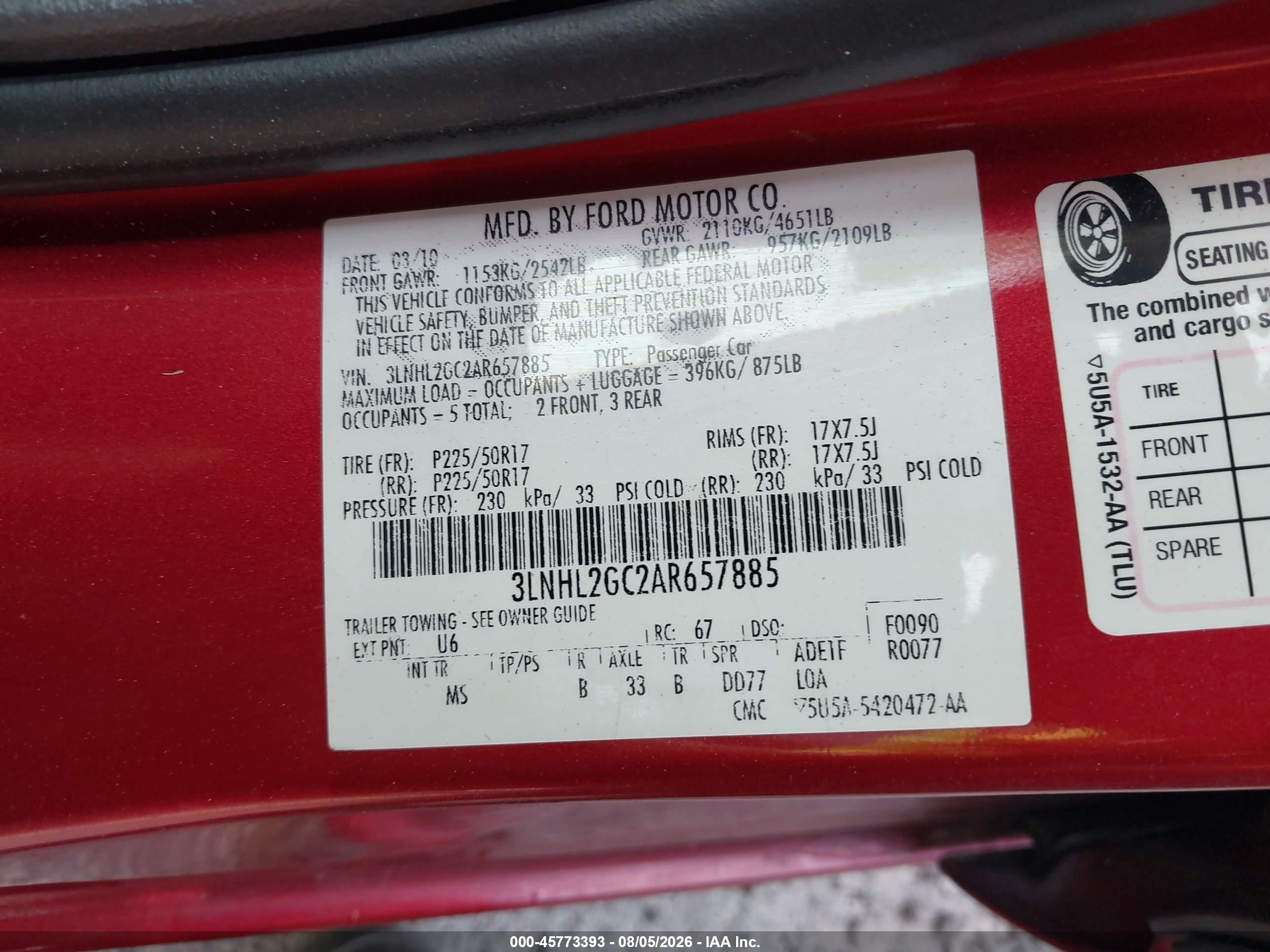 2010 Lincoln Mkz Red vin: 3LNHL2GC2AR657885