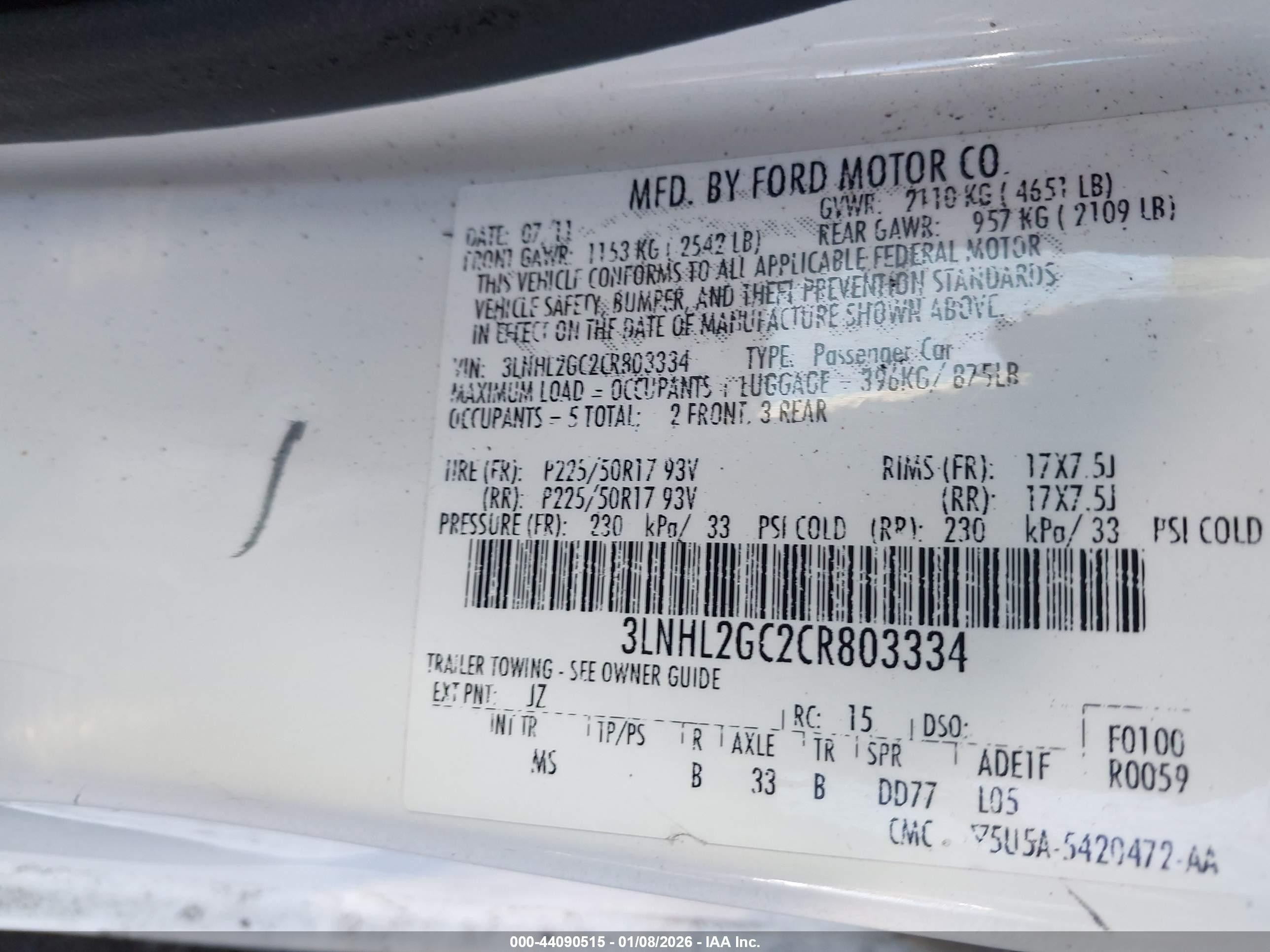 2012 Lincoln Mkz   White vin: 3LNHL2GC2CR803334