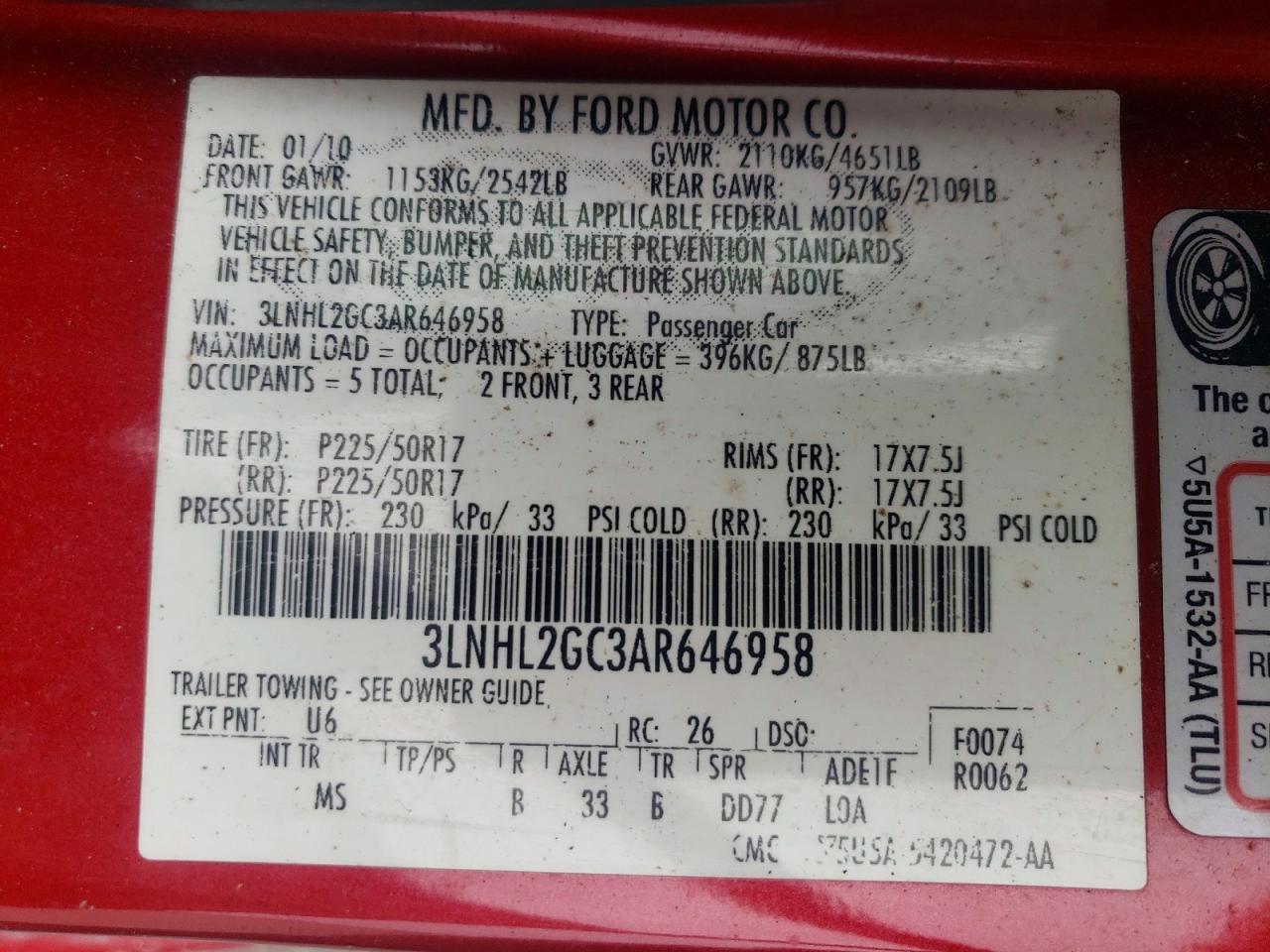 2010 Lincoln Mkz Burgundy vin: 3LNHL2GC3AR646958