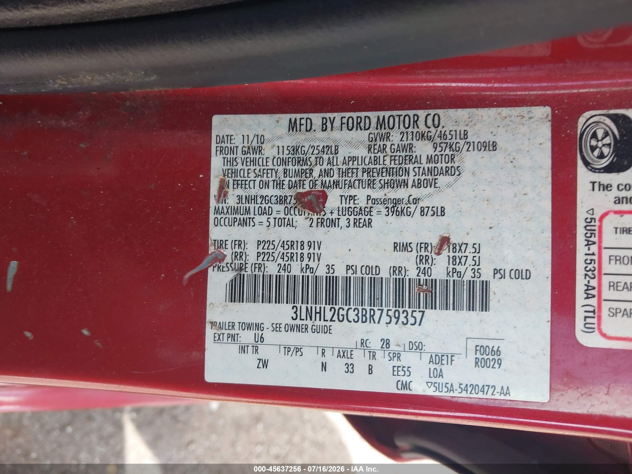 2011 Lincoln Mkz   Red vin: 3LNHL2GC3BR759357