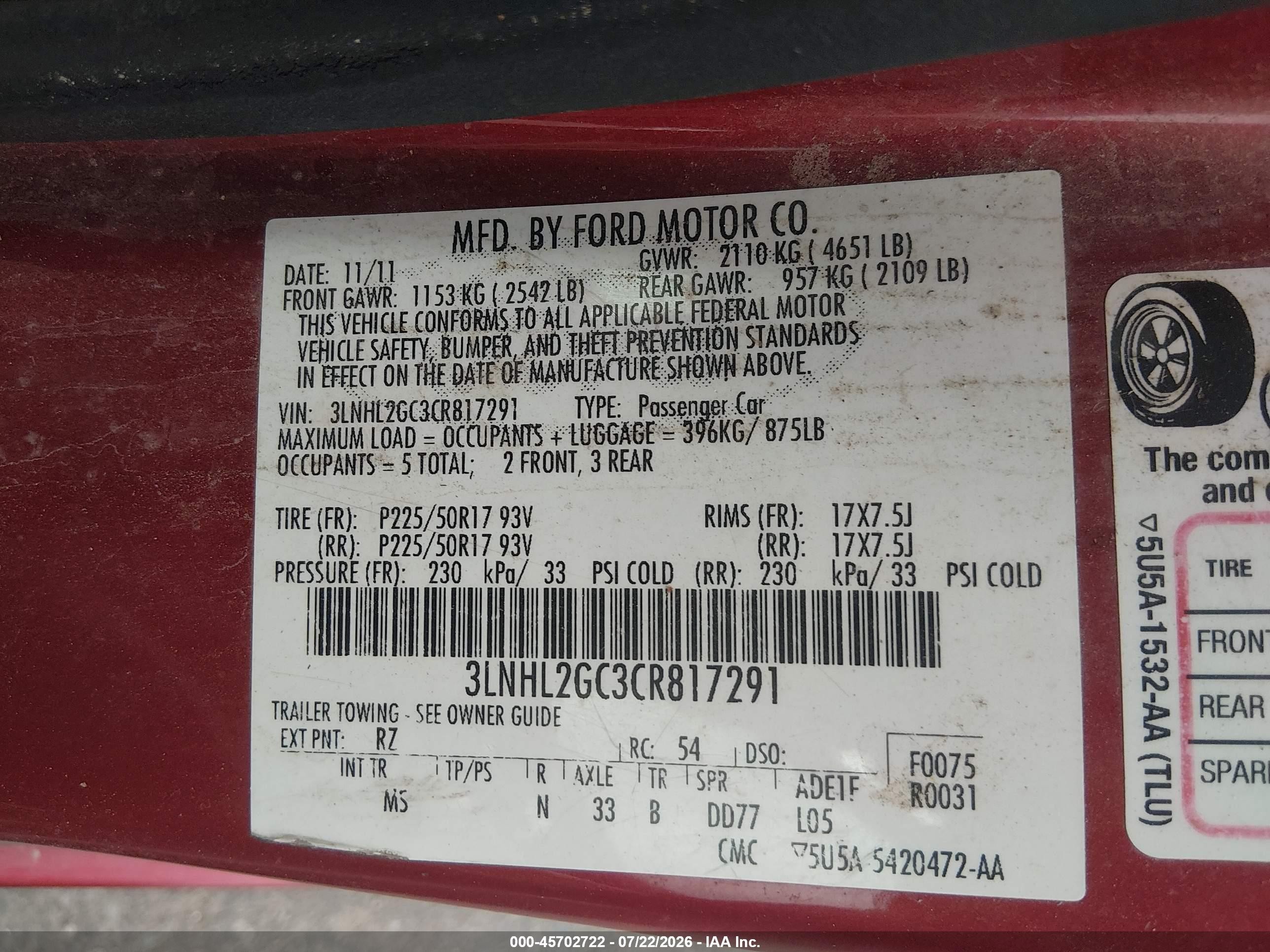 2012 Lincoln Mkz   Red vin: 3LNHL2GC3CR817291