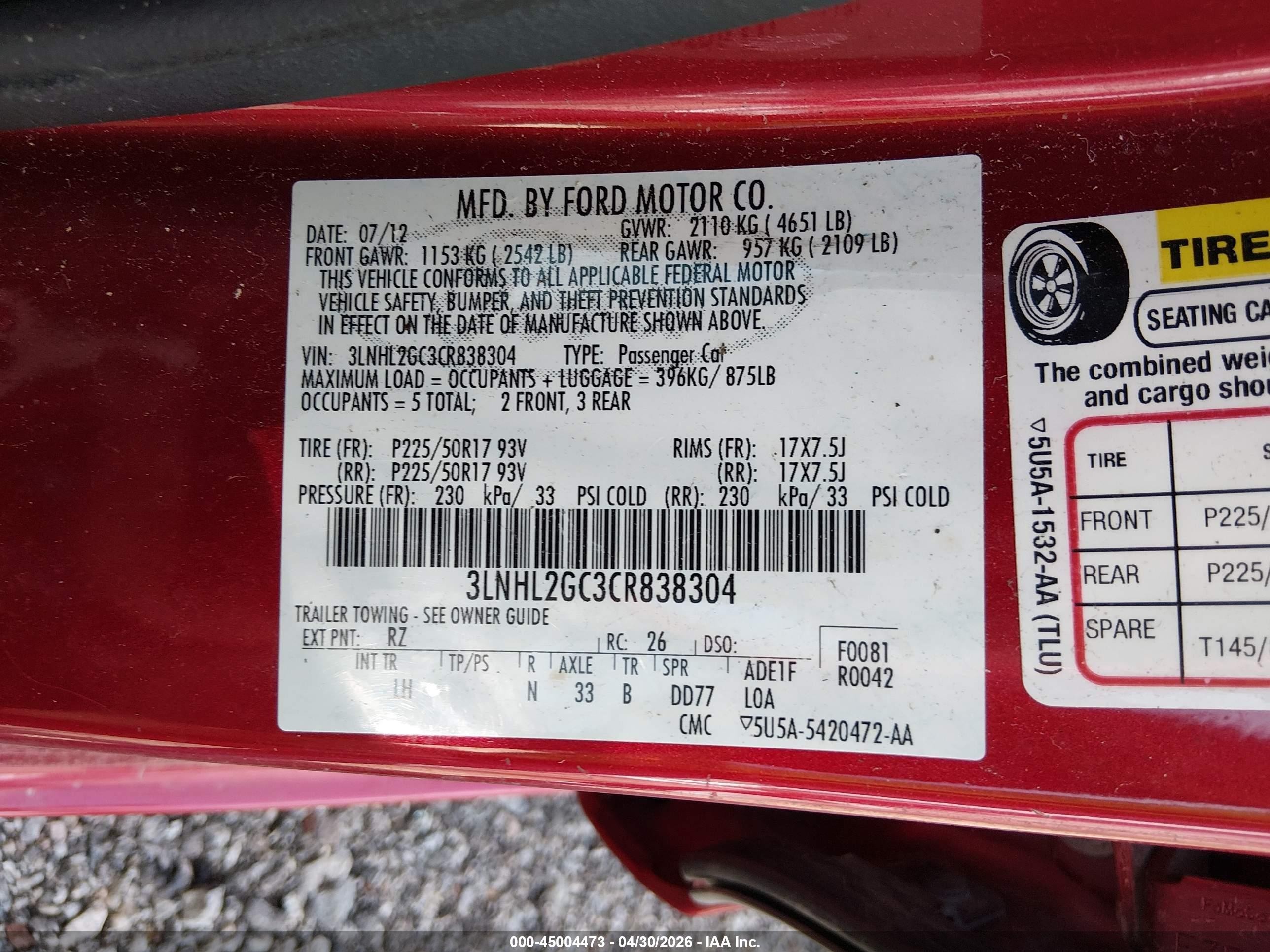 2012 Lincoln Mkz   Red vin: 3LNHL2GC3CR838304