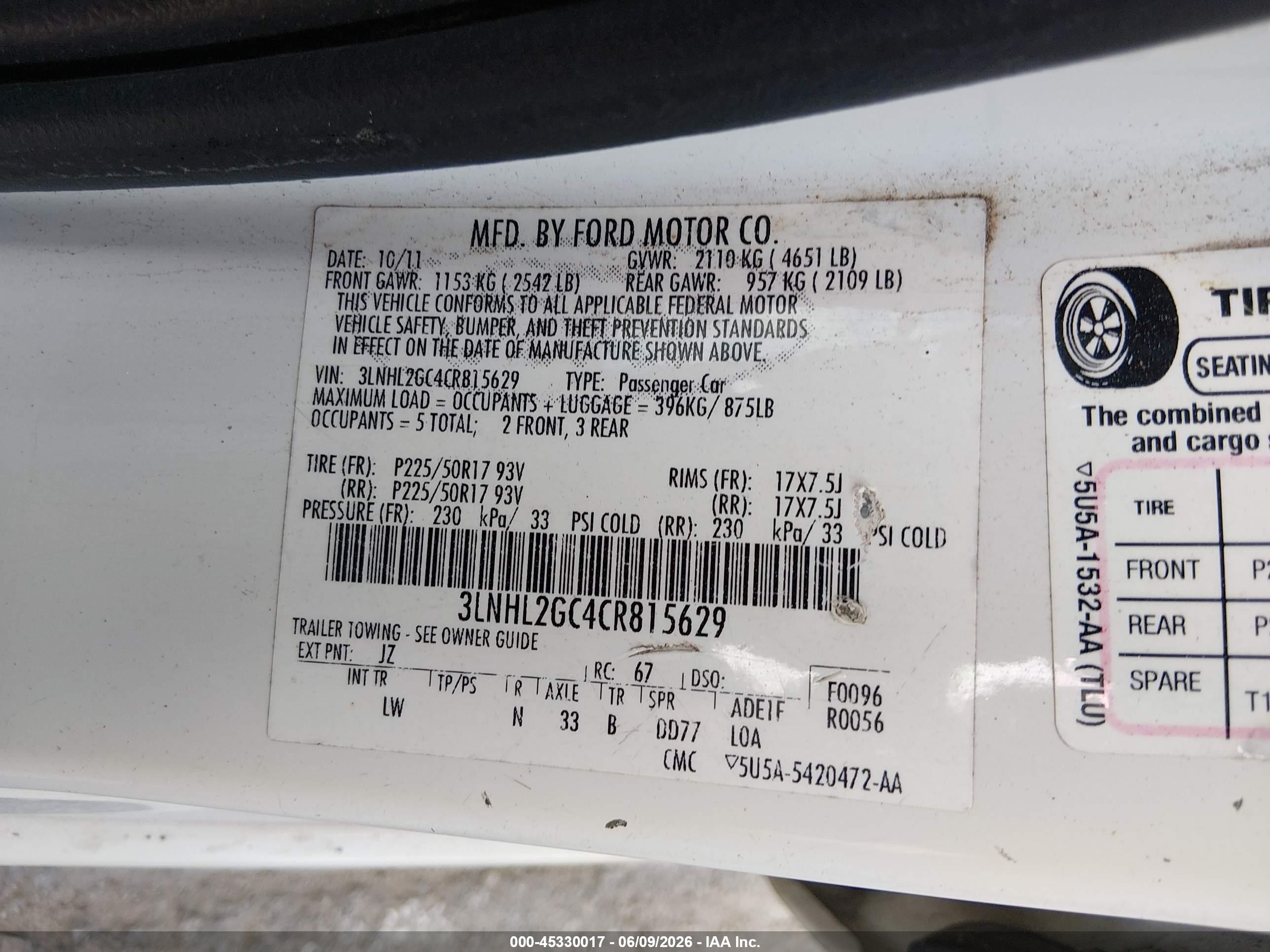 2012 Lincoln Mkz   Champagne vin: 3LNHL2GC4CR815629